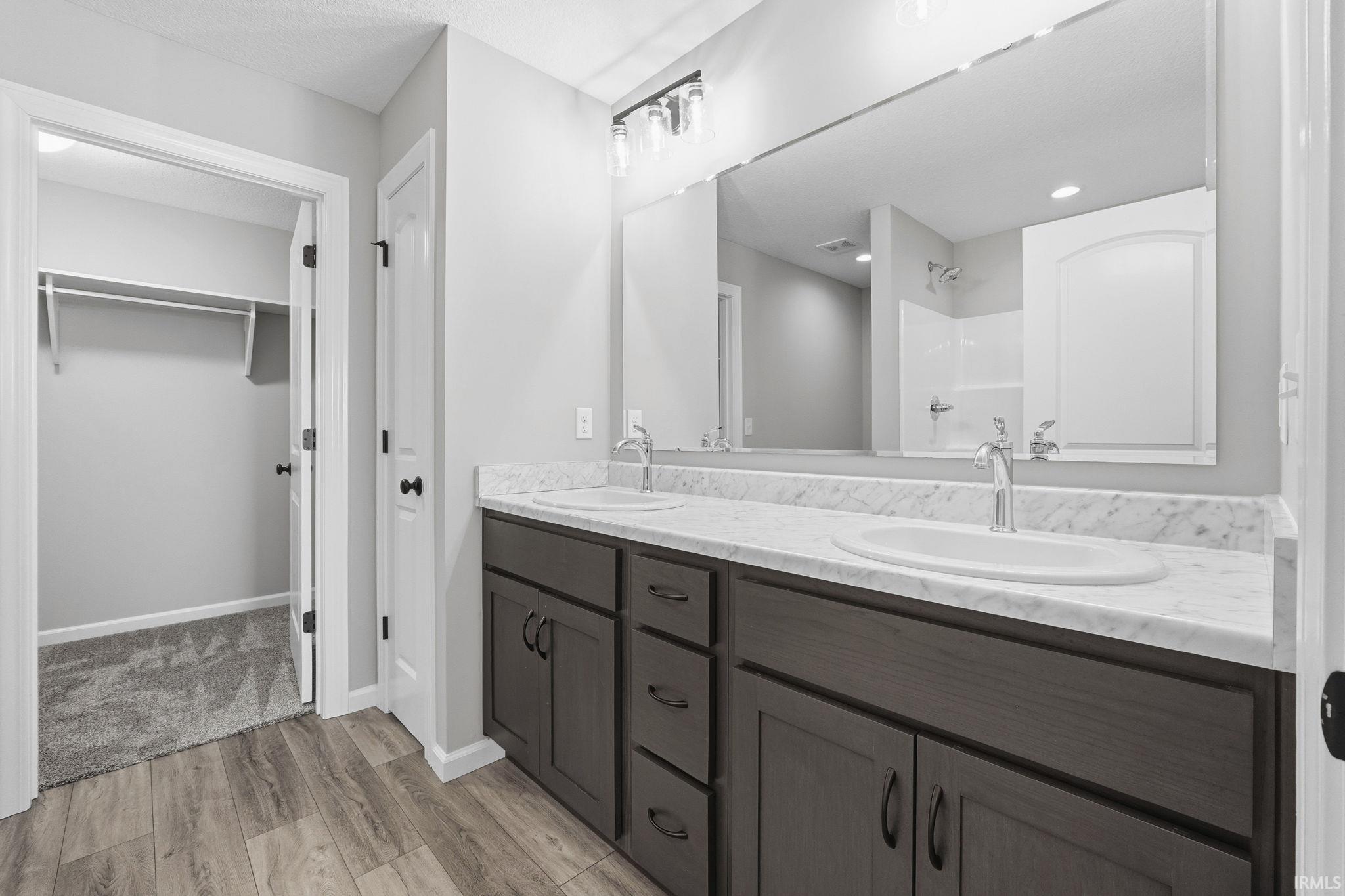 Bathroom with a shower, light wood-style floors, double vanity, and a walk in closet