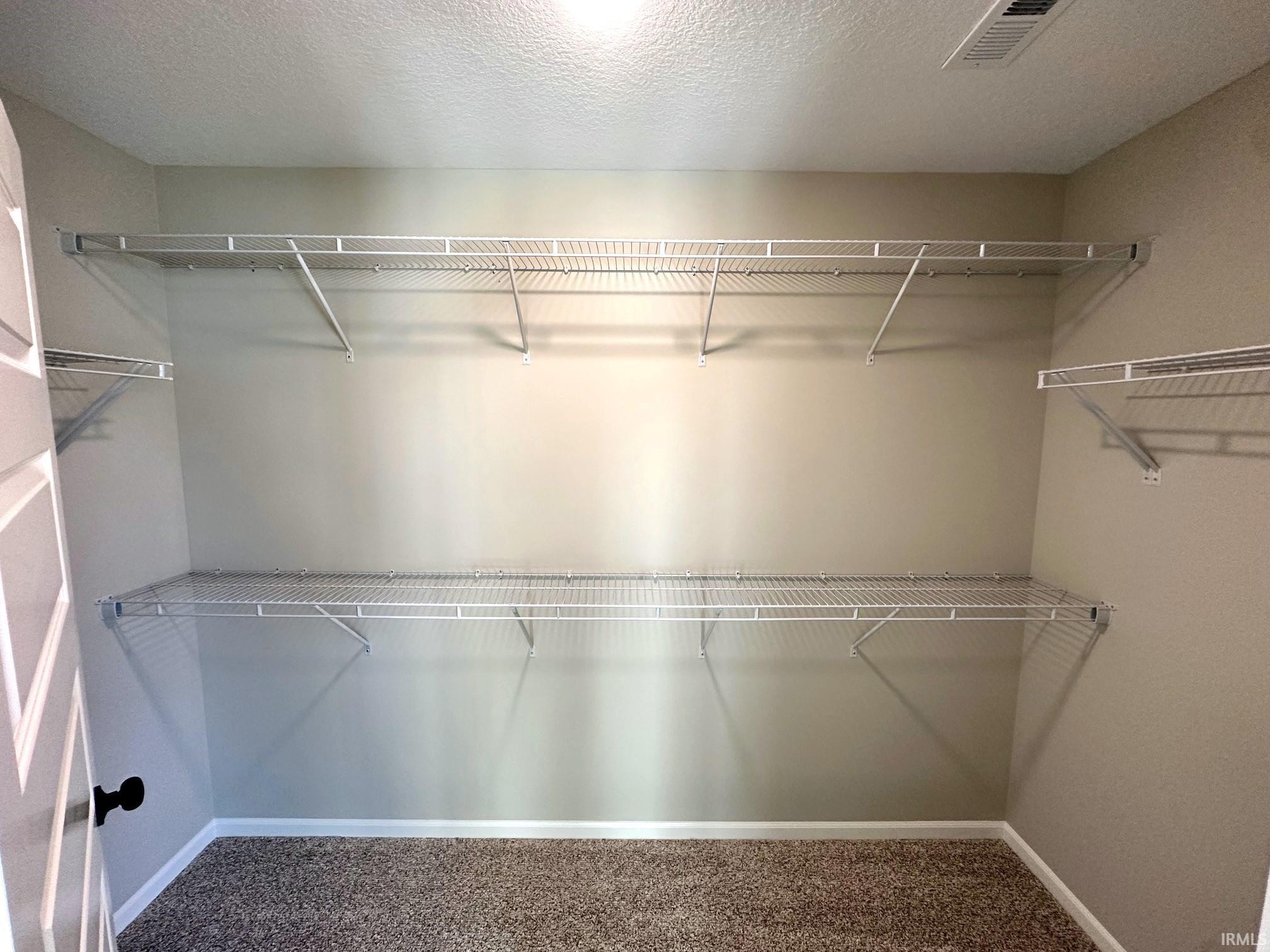 Walk in closet with dark colored carpet