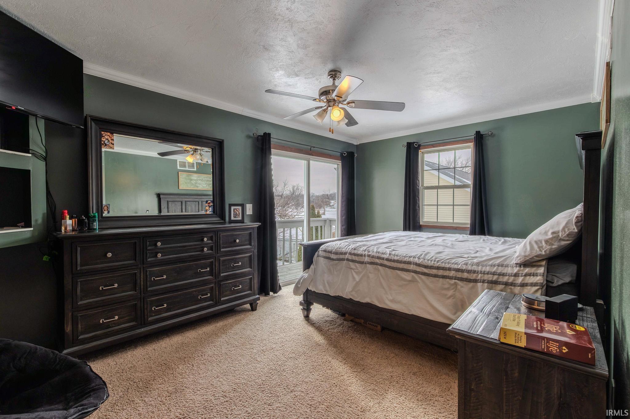 Bedroom with access to exterior, light colored carpet, ceiling fan, a textured ceiling, and crown molding