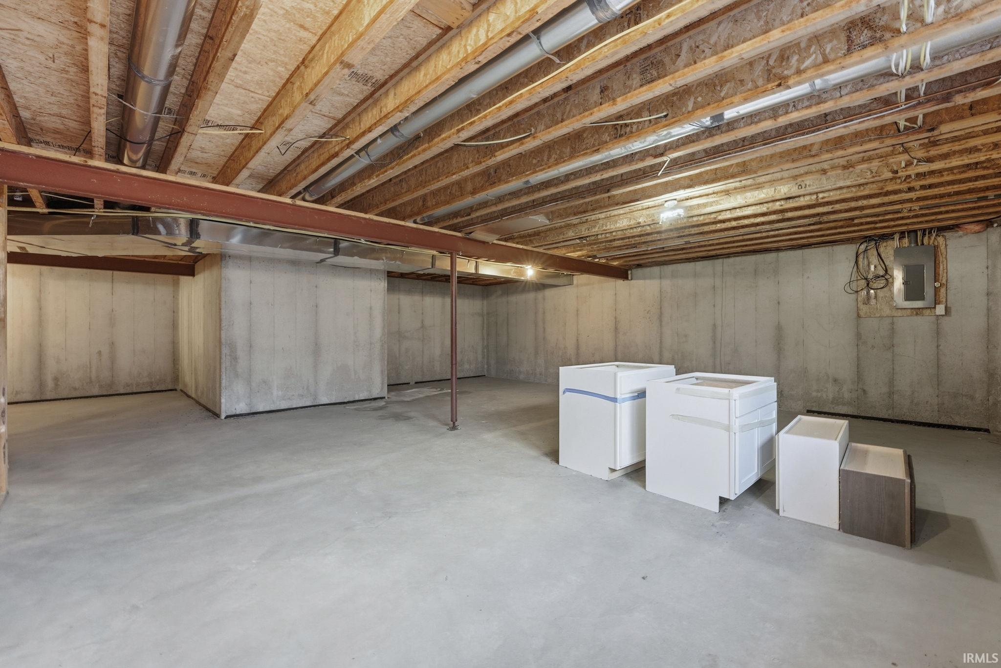 Unfinished basement featuring electric panel