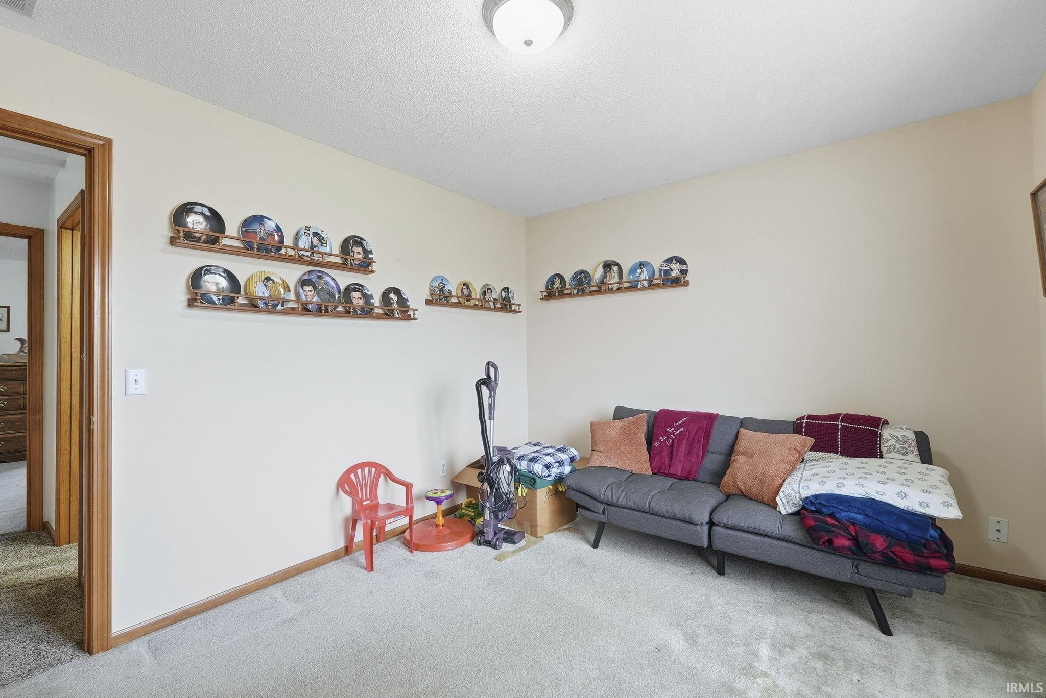 Living area featuring carpet and baseboards