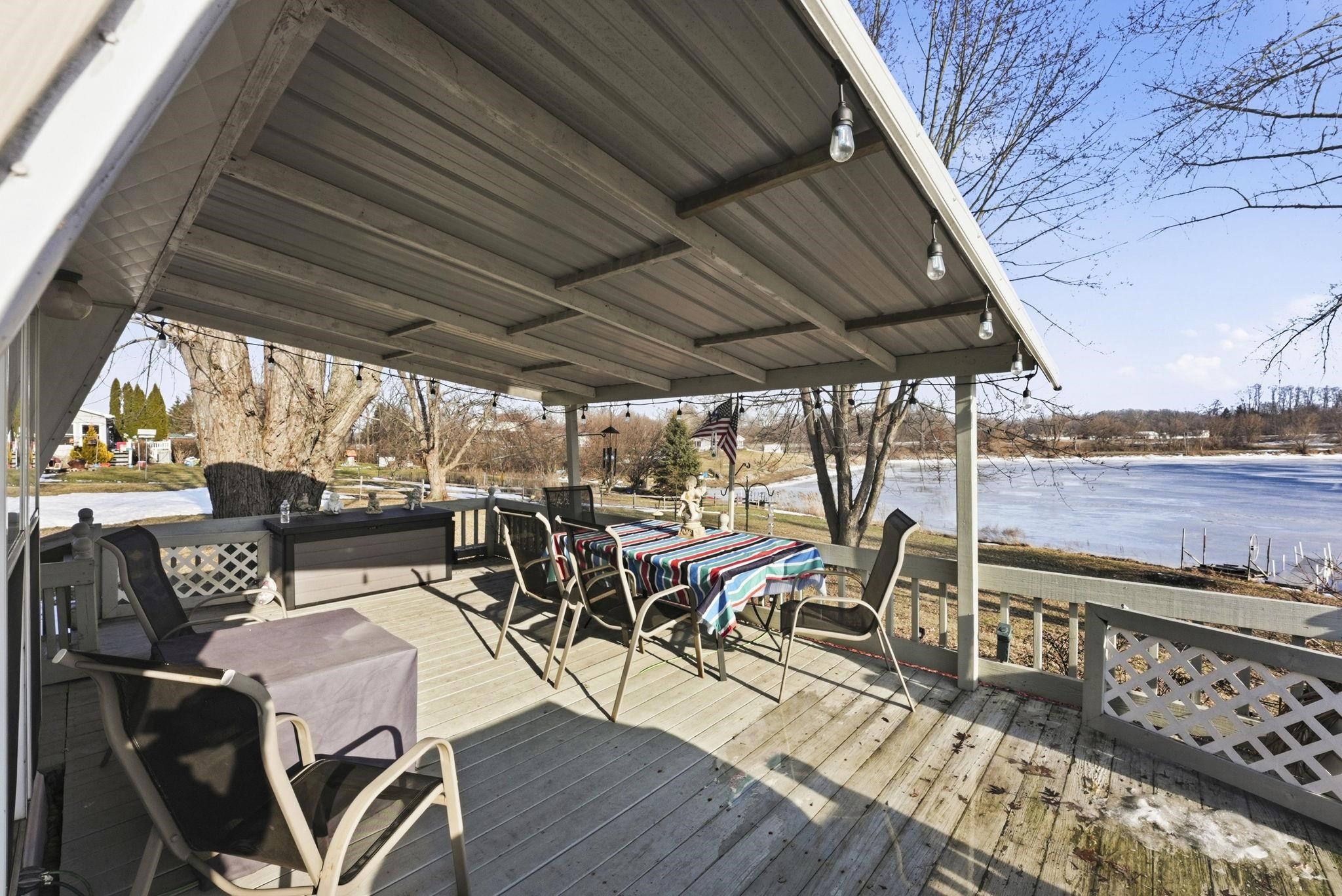 Wooden deck with a water view