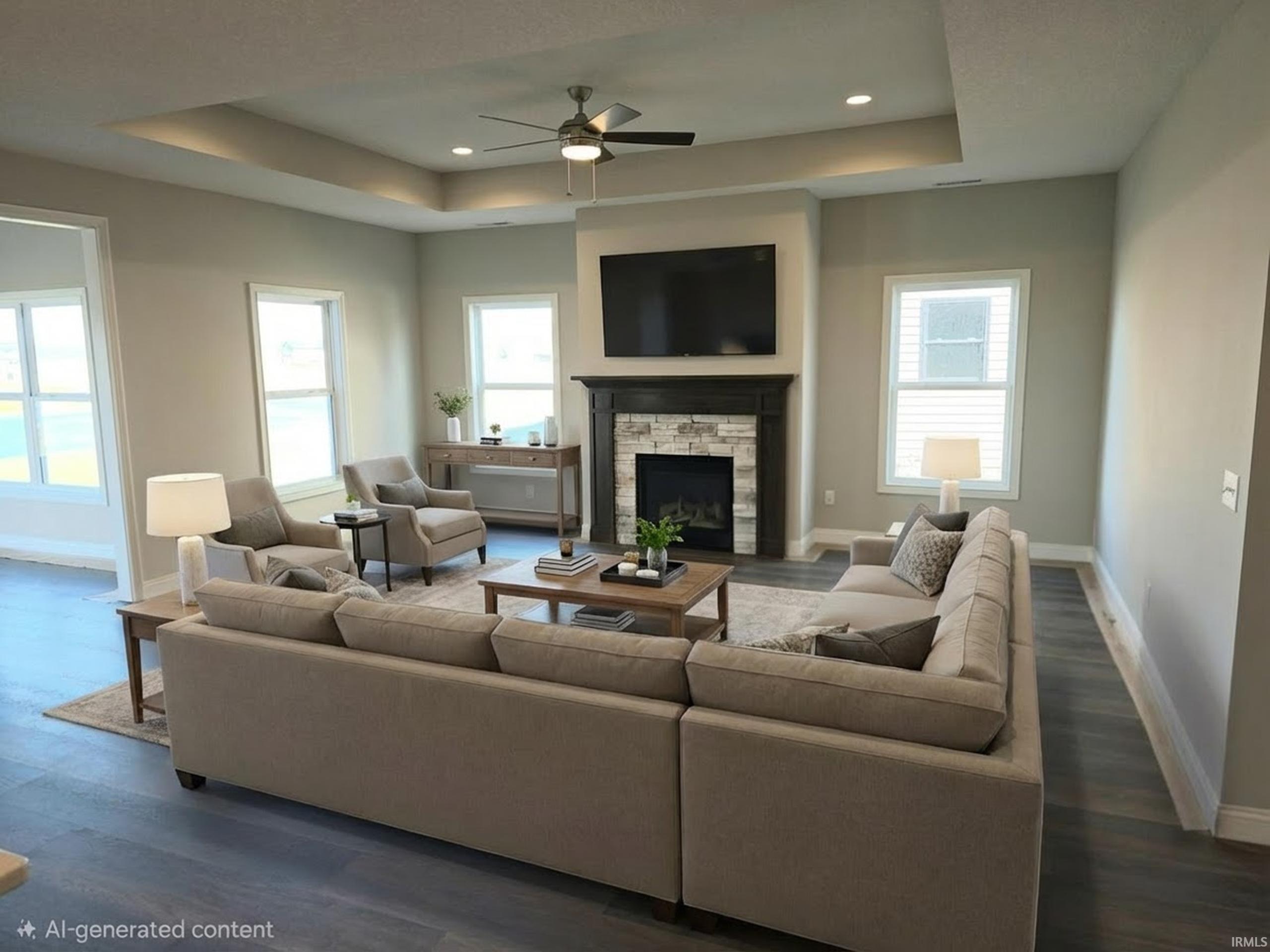 Living area with a ceiling fan, a fireplace, w/LVP floors, a tray ceiling, and recessed lighting