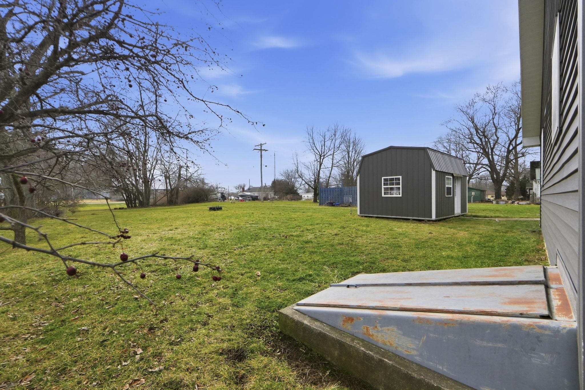 View of grassy yard with a shed