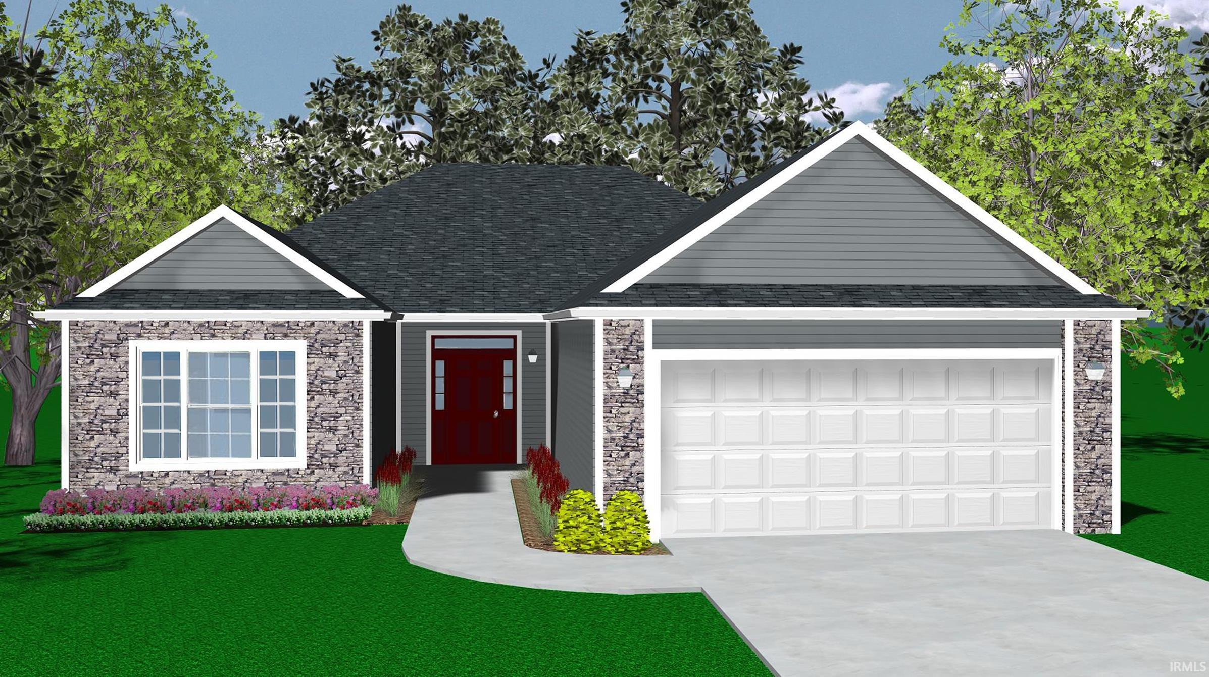 View of front facade featuring driveway, a front yard, a garage, stone siding, and a shingled roof