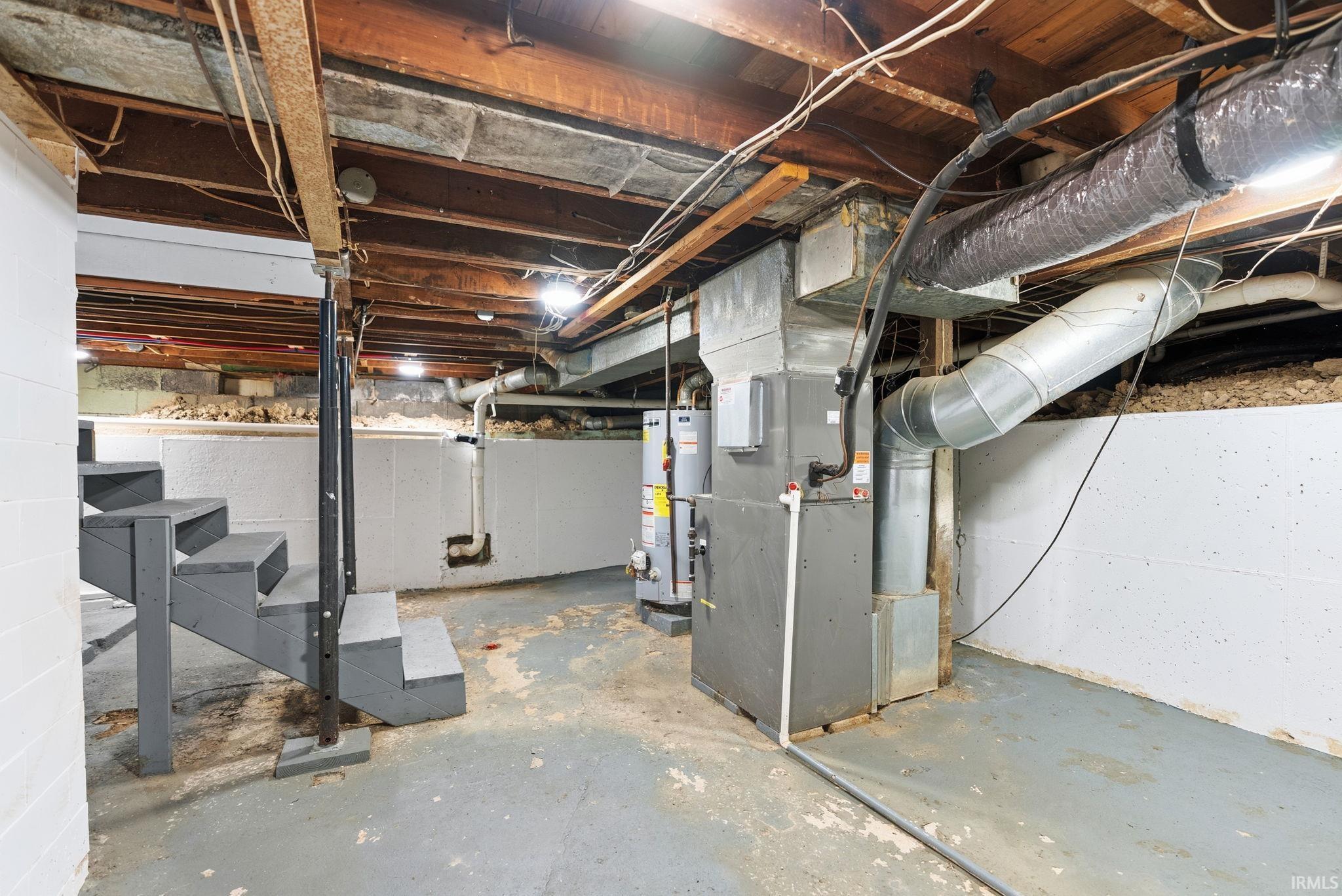 Unfinished basement featuring gas water heater and heating unit