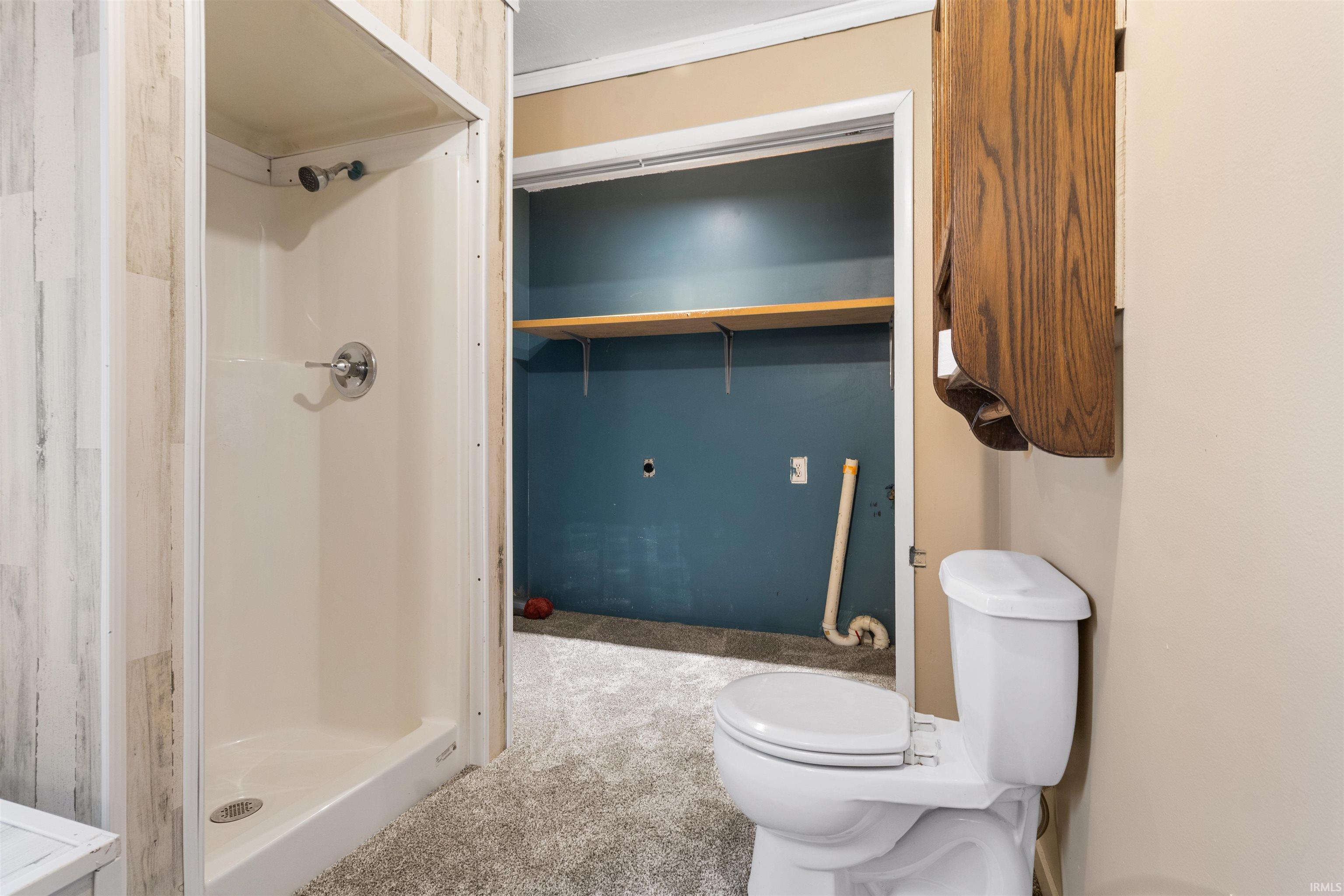 Bathroom featuring a shower stall, a spacious closet, and carpet flooring