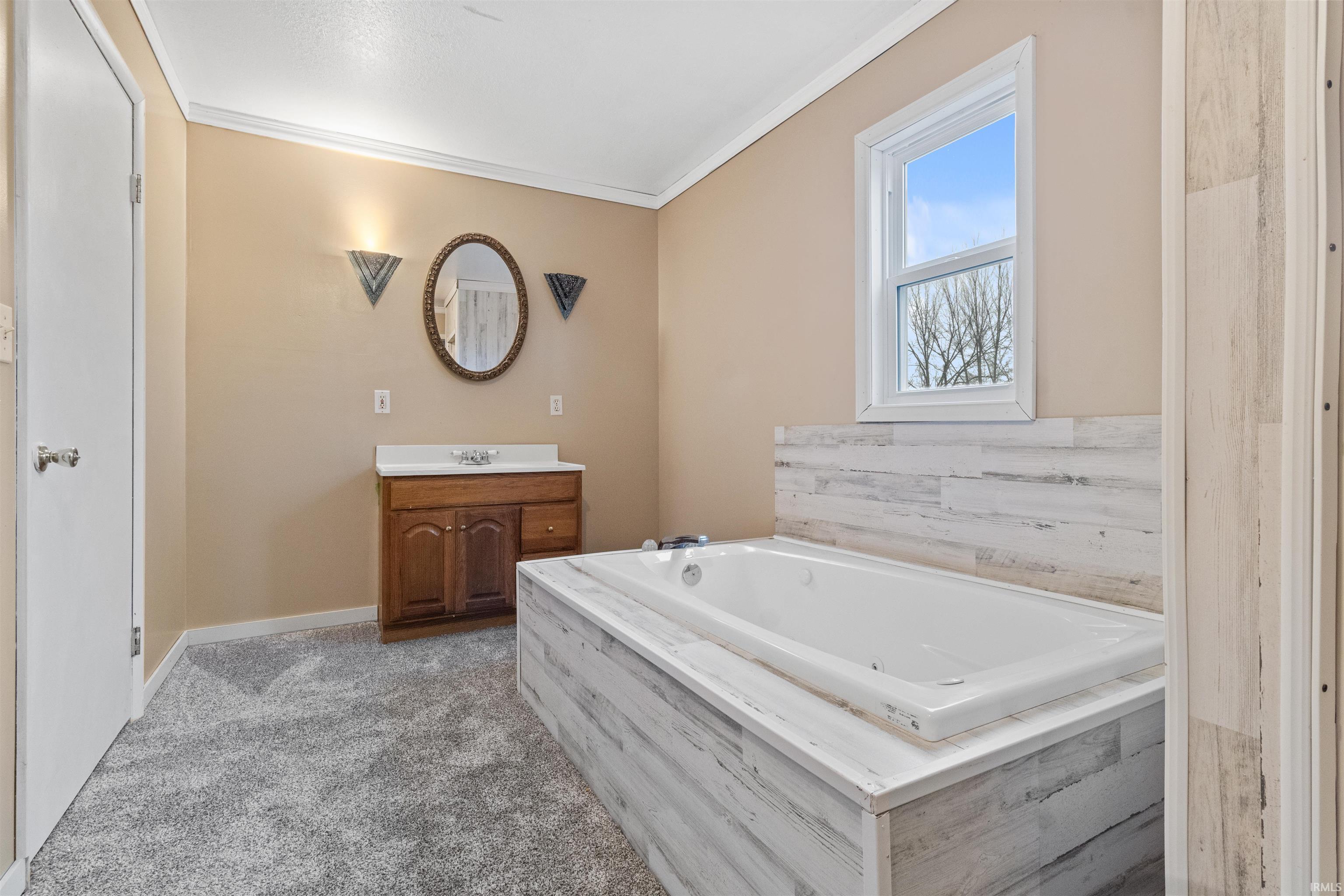 Full bath with vanity, ornamental molding, light carpet, and a garden tub