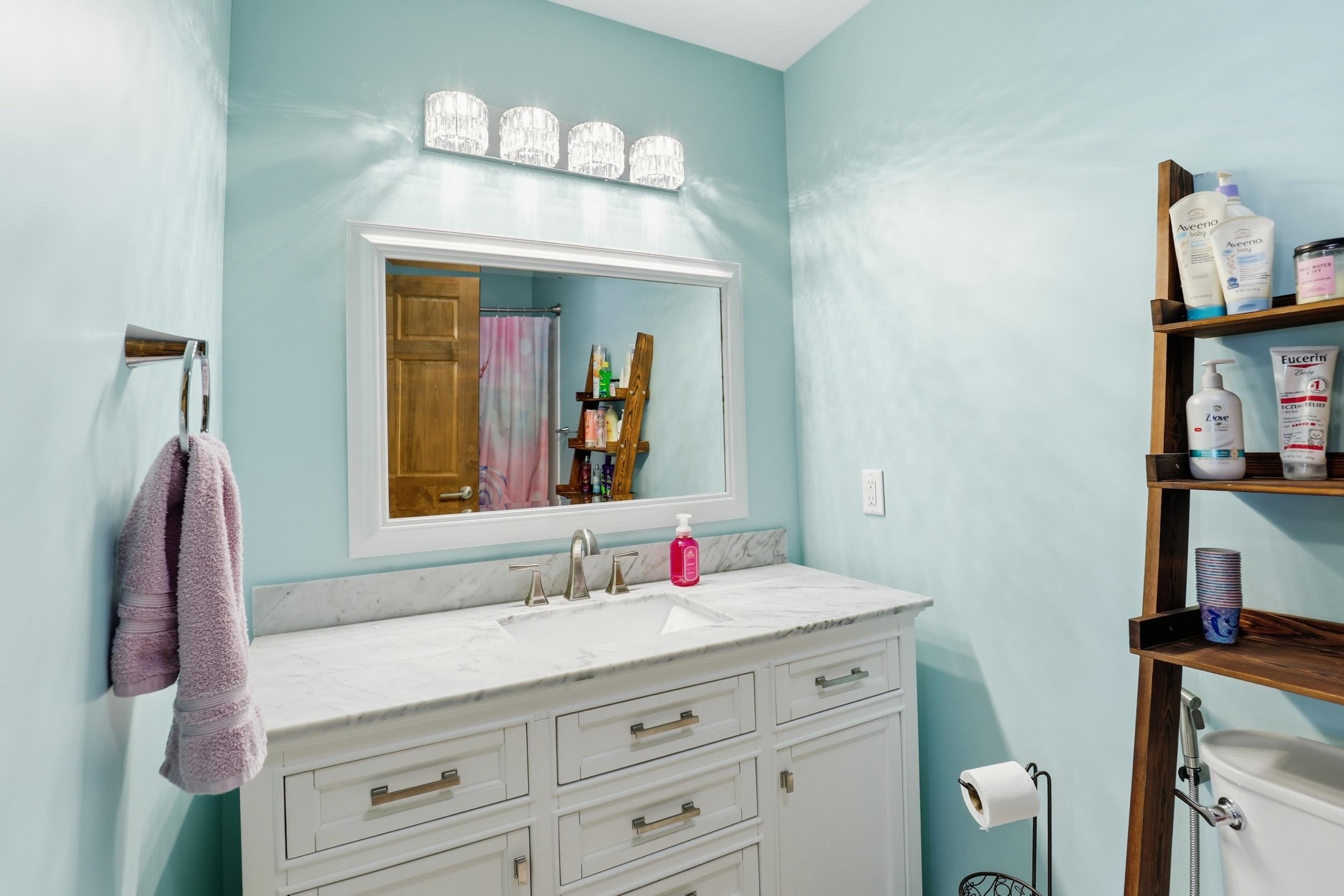 Bathroom with vanity and a shower with shower curtain