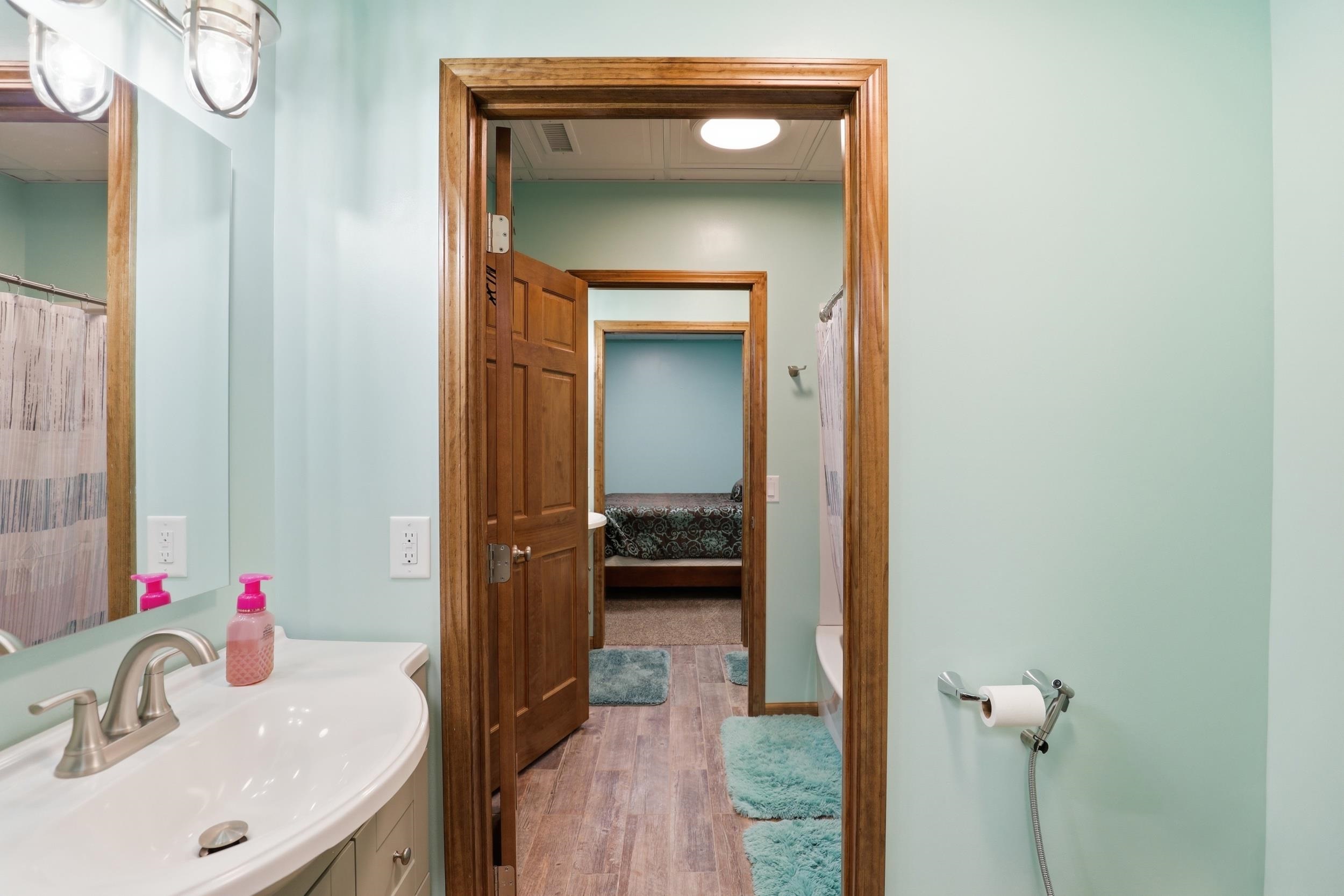 Full bathroom with vanity, light wood-type flooring, and a shower with shower curtain