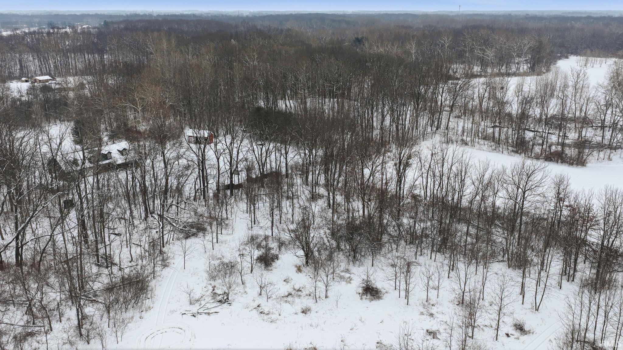 Snowy aerial view featuring a wooded view