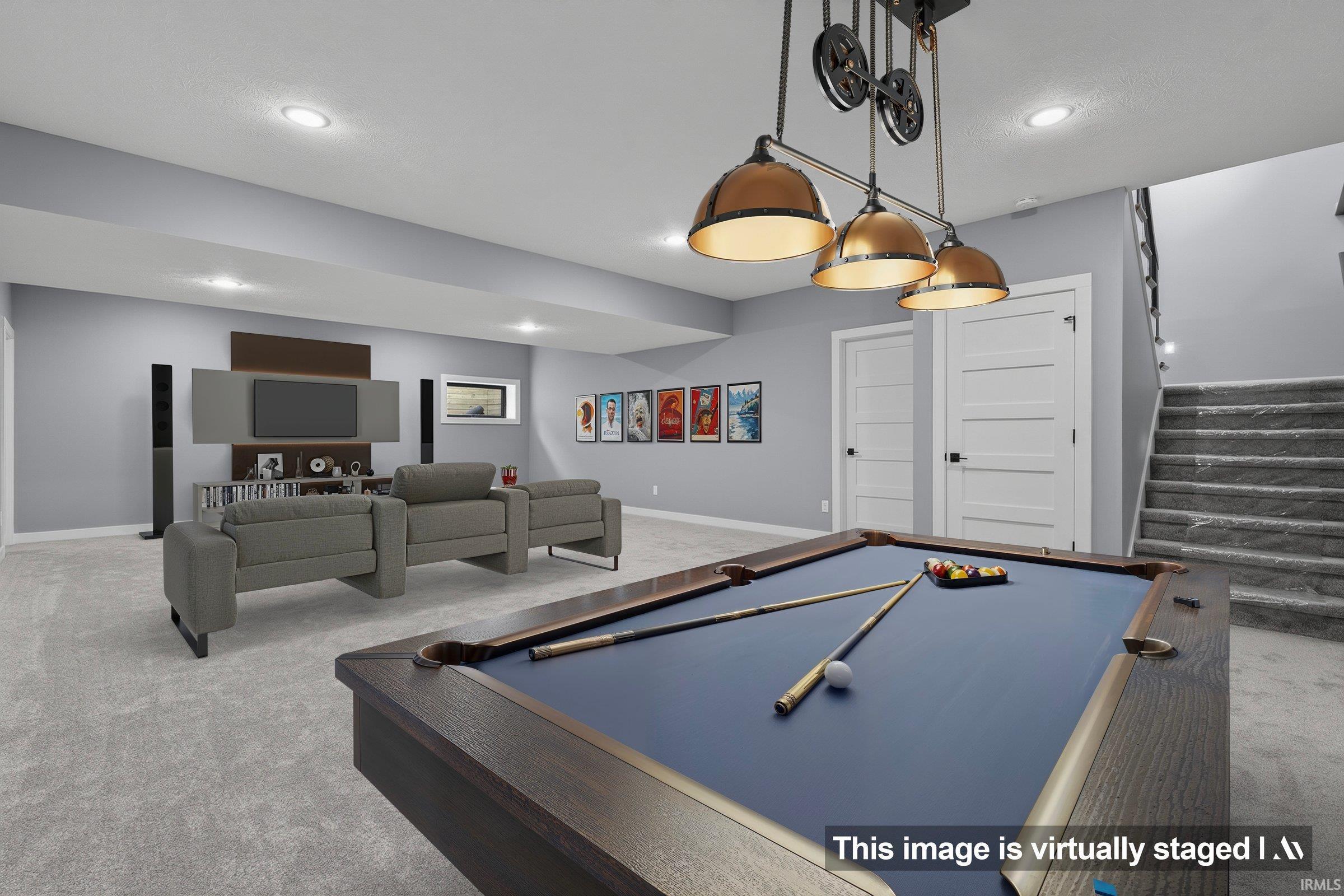 Game room with carpet, recessed lighting, and billiards