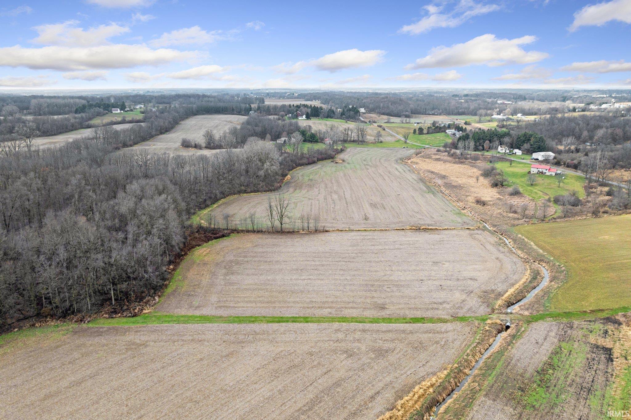 Overview of rural landscape featuring large plots for crops