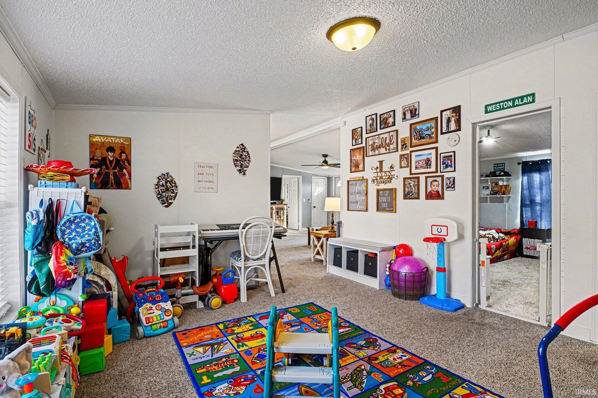 Rec room featuring a textured ceiling, carpet floors, a ceiling fan, and crown molding