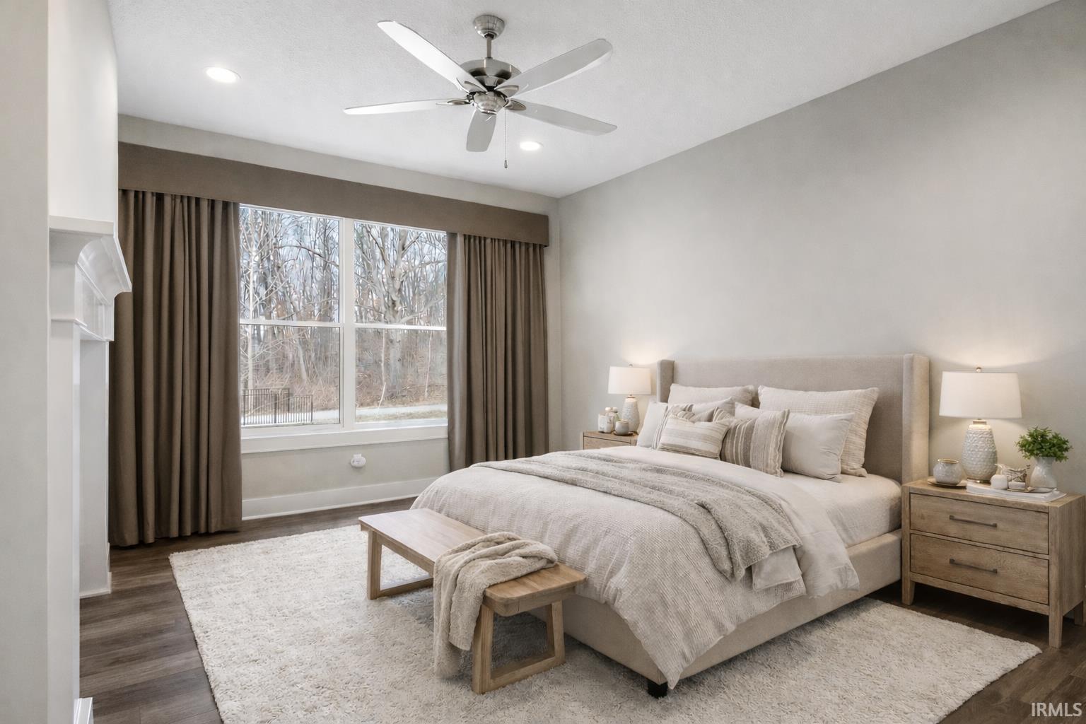 Bedroom featuring dark wood finished floors, a ceiling fan, and recessed lighting