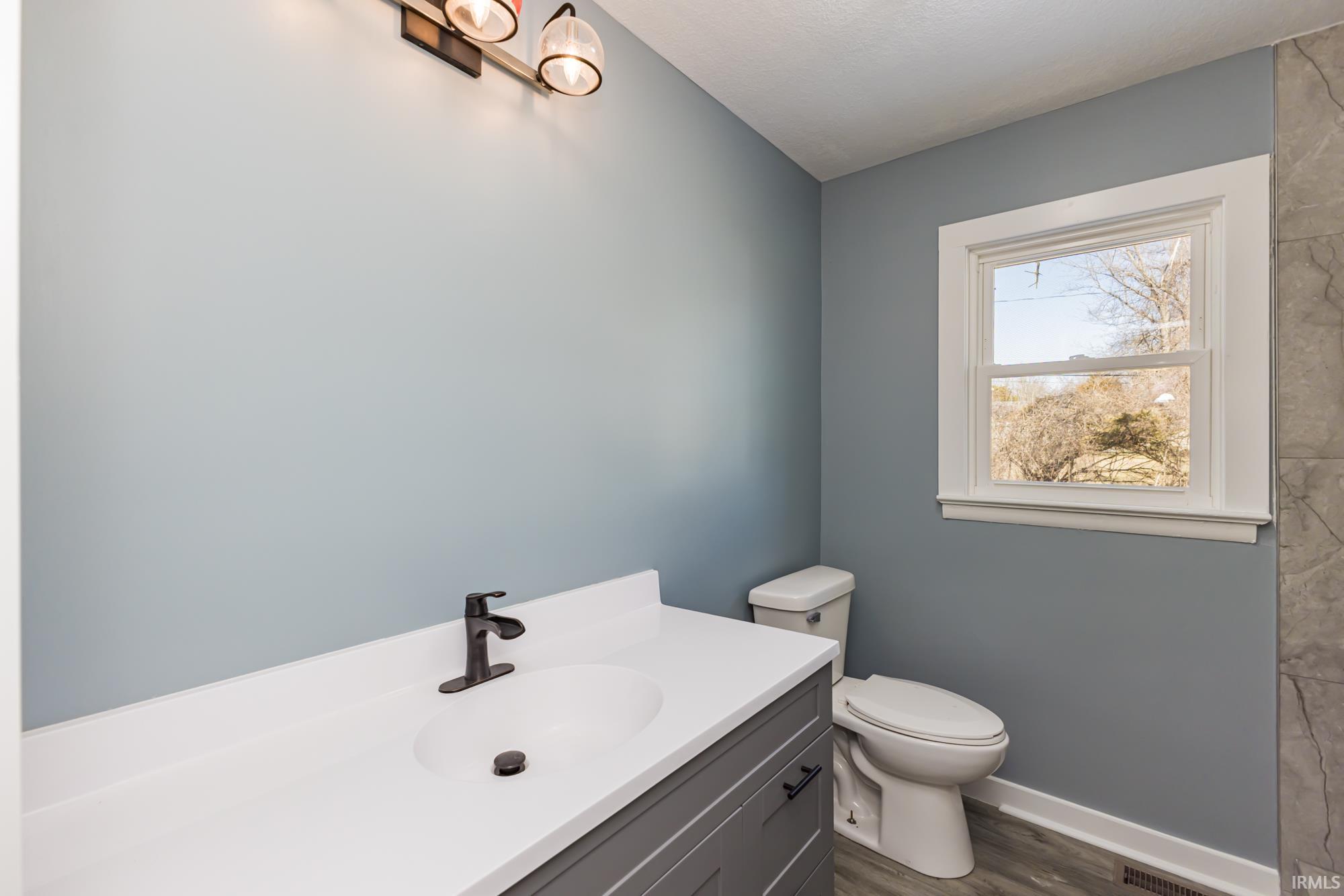 Bathroom featuring vanity and dark wood-type flooring