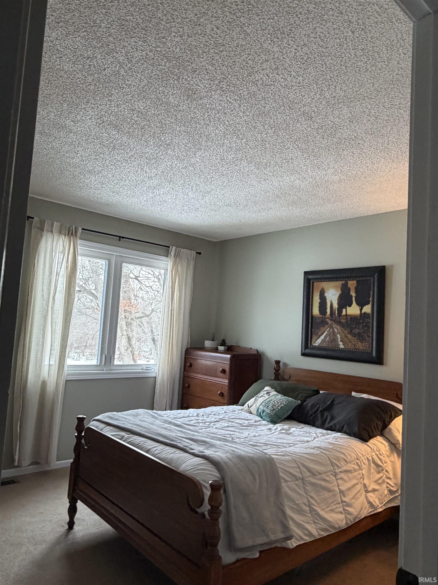 Carpeted bedroom featuring a textured ceiling
