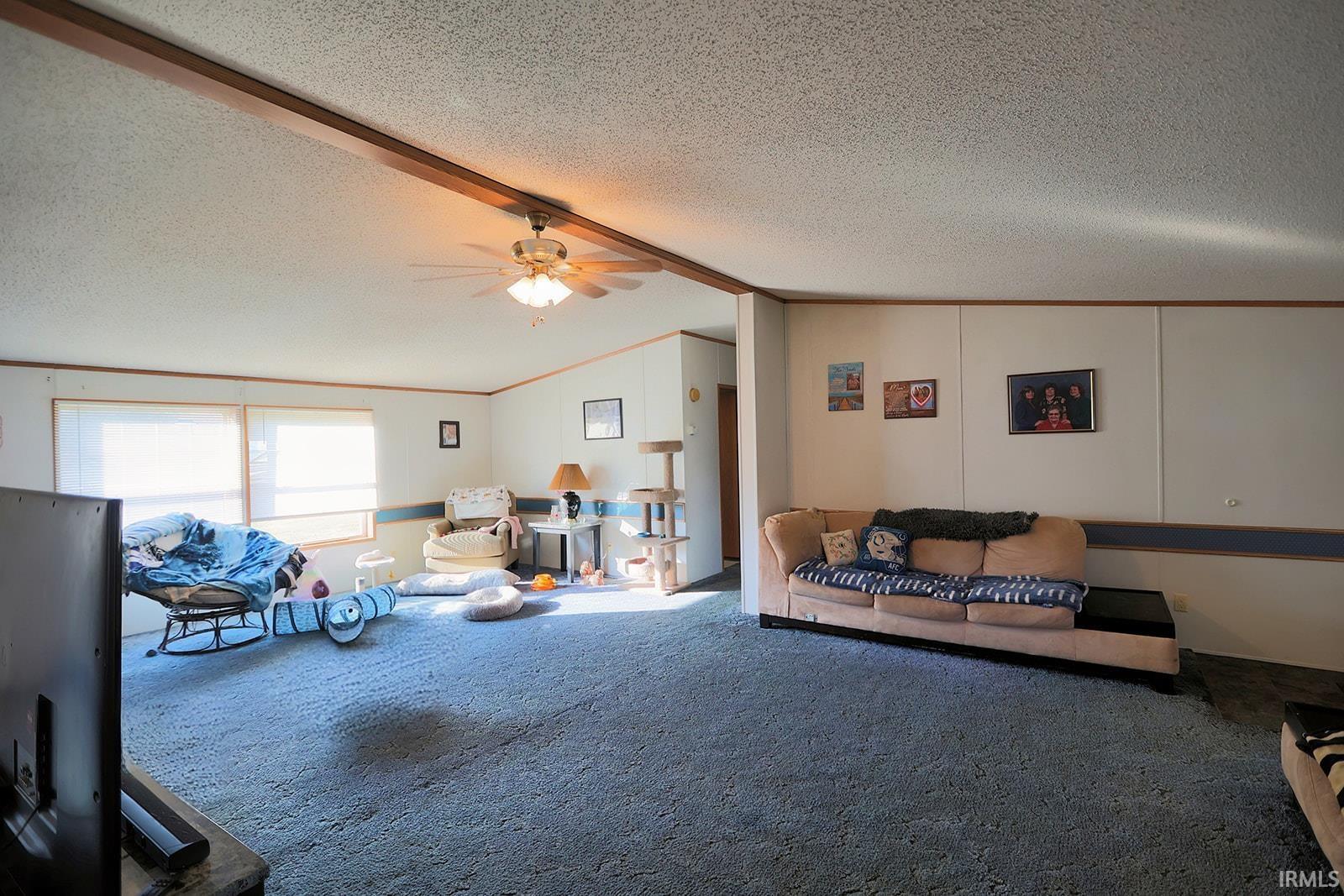 Living area featuring ceiling fan, carpet, and beamed ceiling