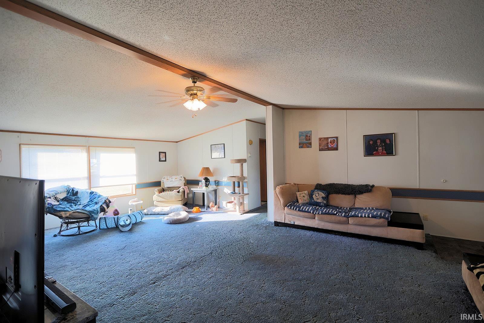 Carpeted living room featuring ceiling fan and beam ceiling