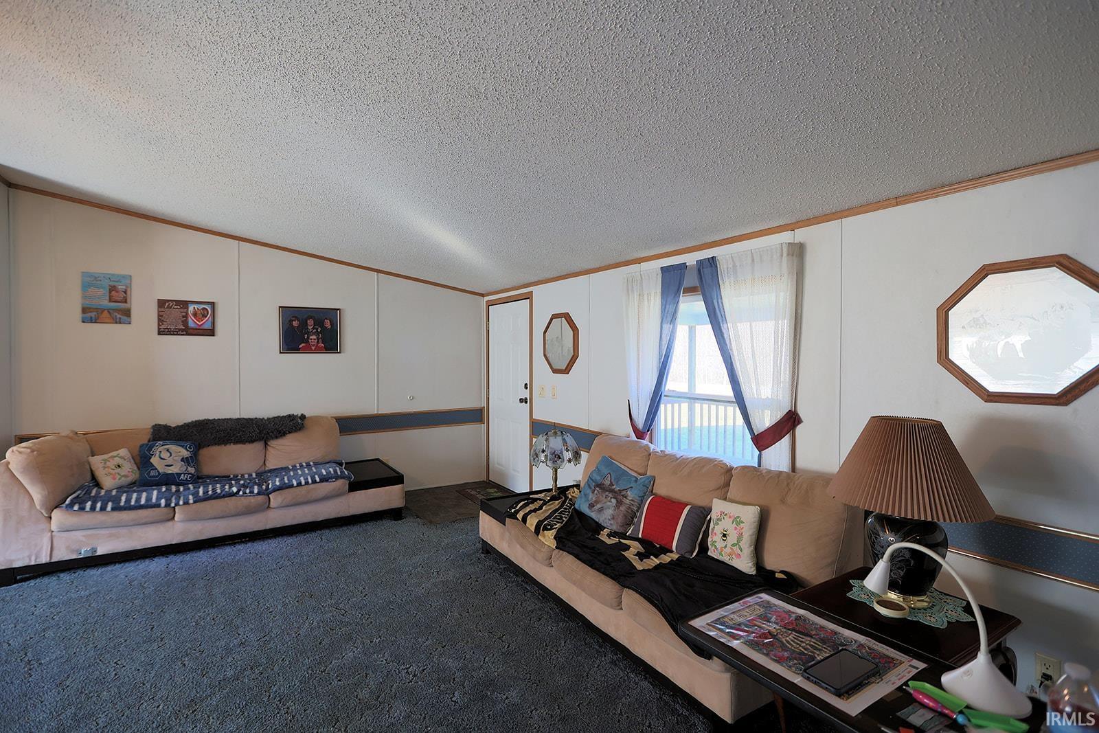 Carpeted living area with crown molding and a decorative wall