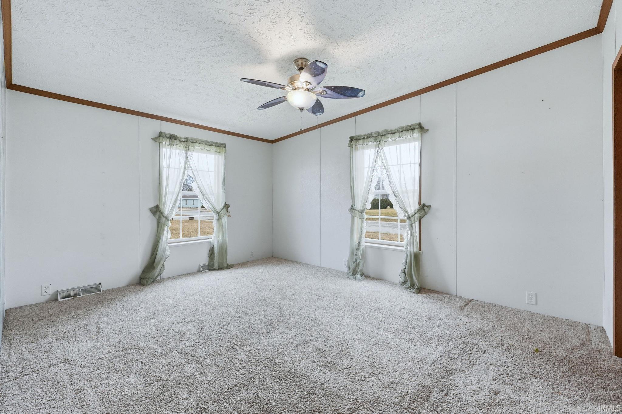 Carpeted spare room featuring ceiling fan, a textured ceiling, and ornamental molding