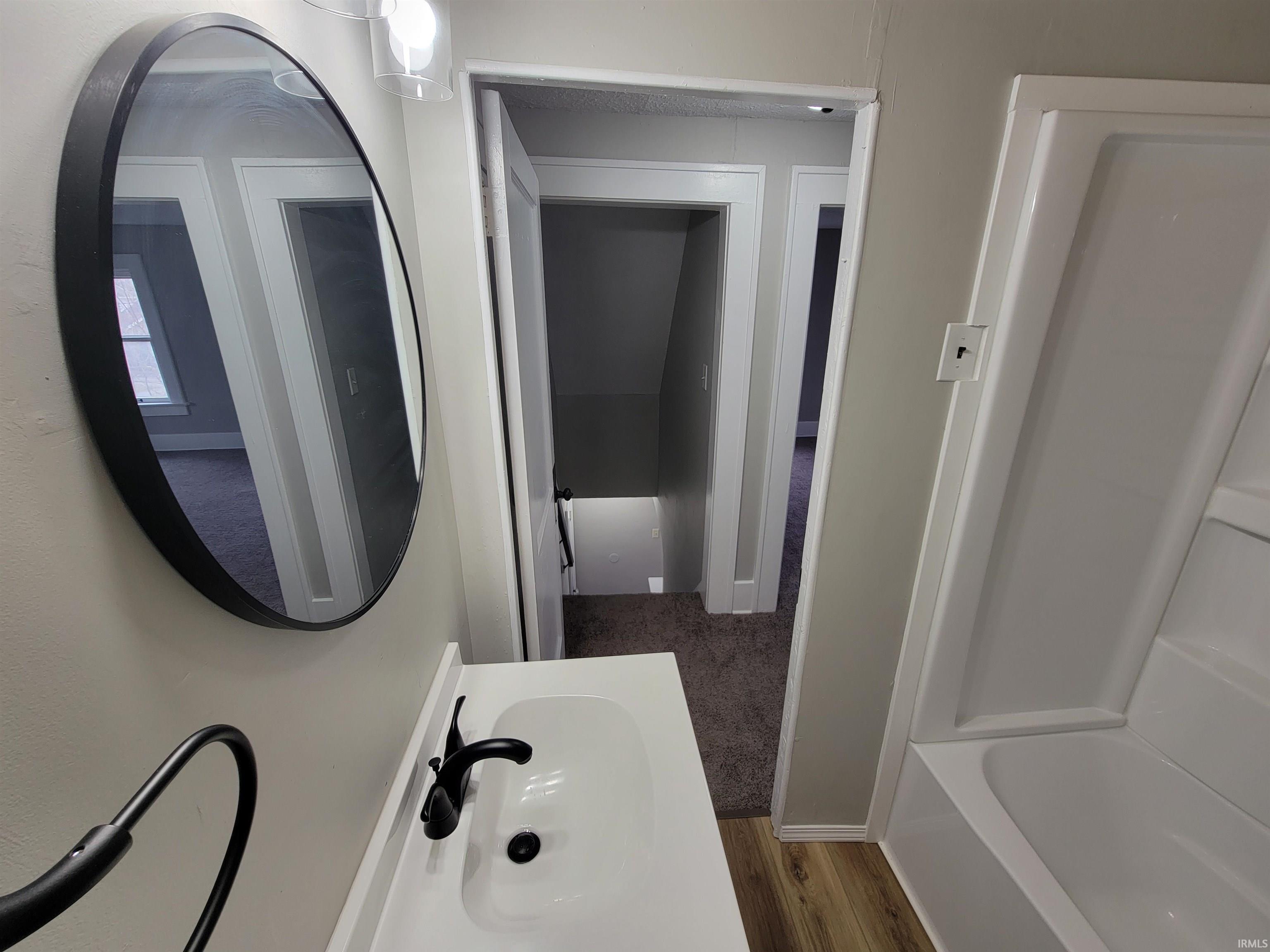 Bathroom featuring a bathtub, vanity, dark carpet, dark wood-style flooring, and a shower