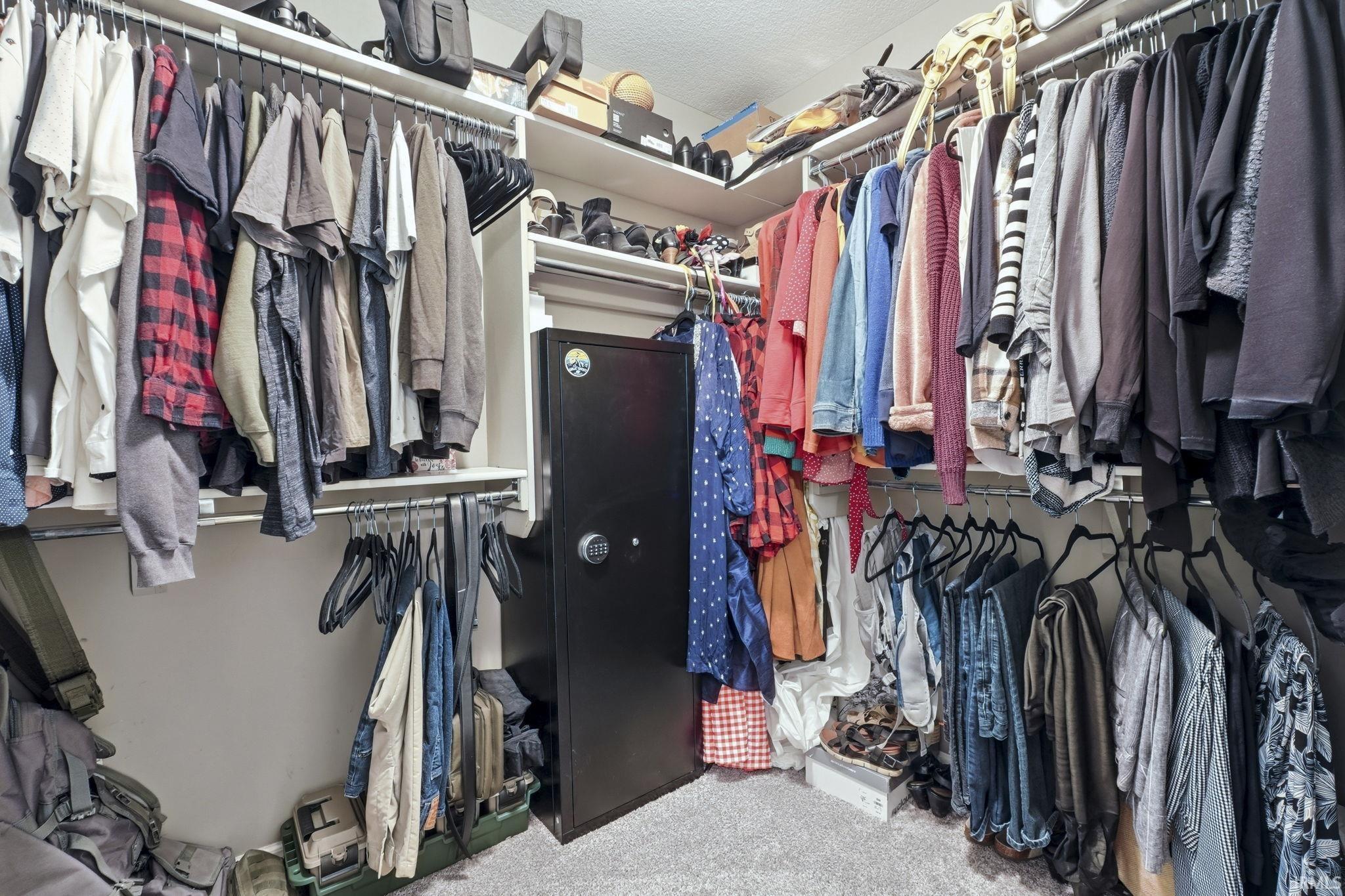 Walk in closet featuring light colored carpet