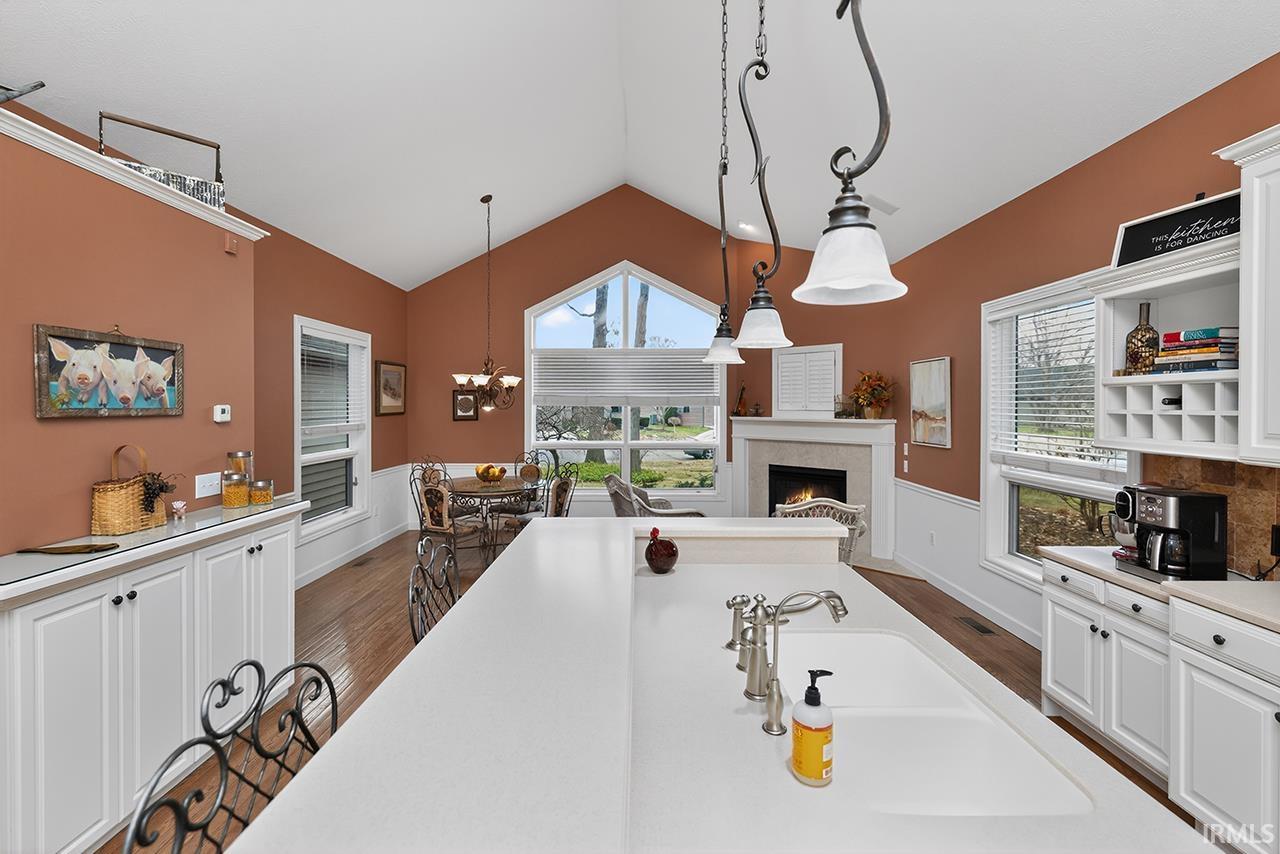 Kitchen with white cabinetry, a lit fireplace, dark wood-type flooring, and a wainscoted wall