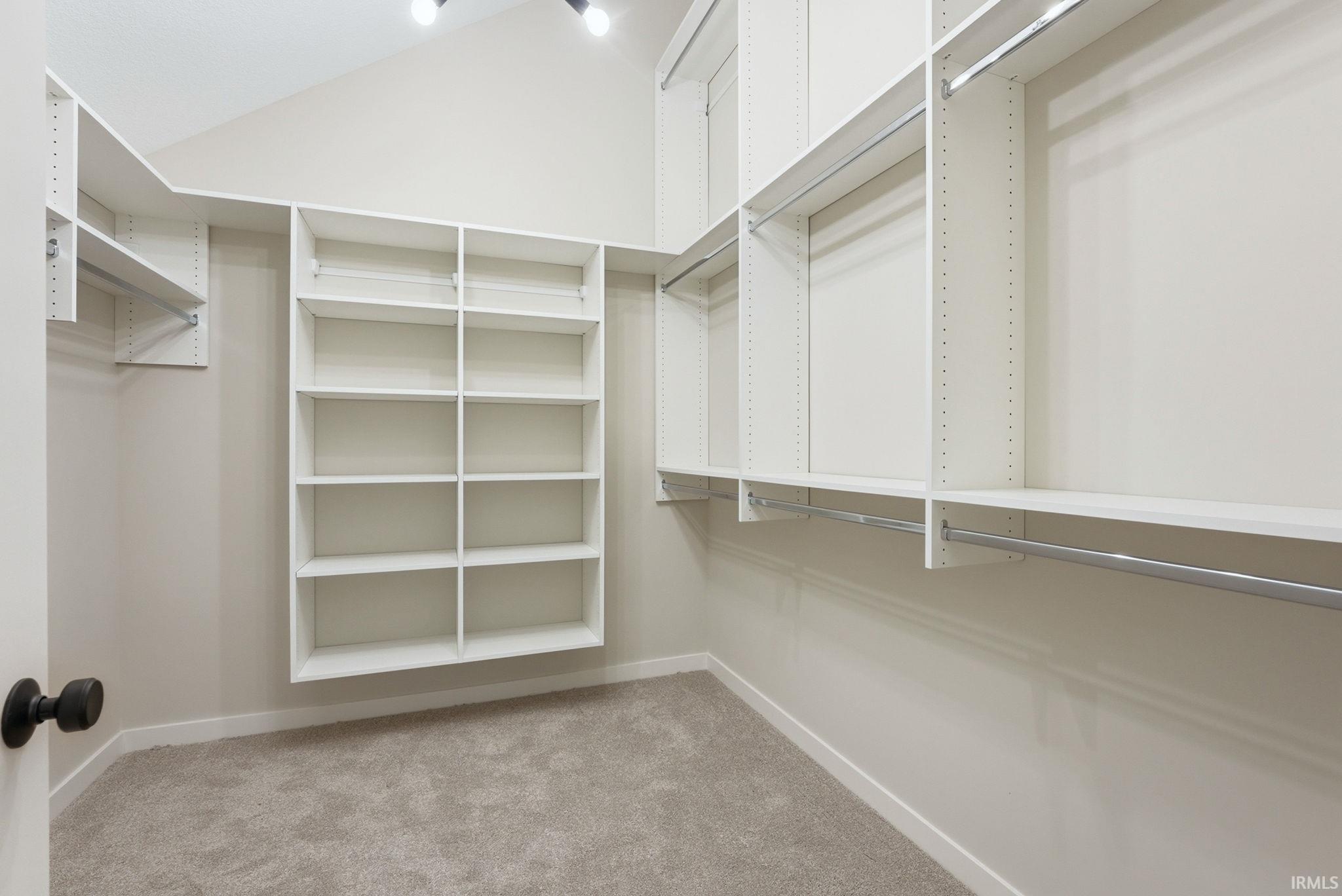 Walk in closet with light colored carpet
