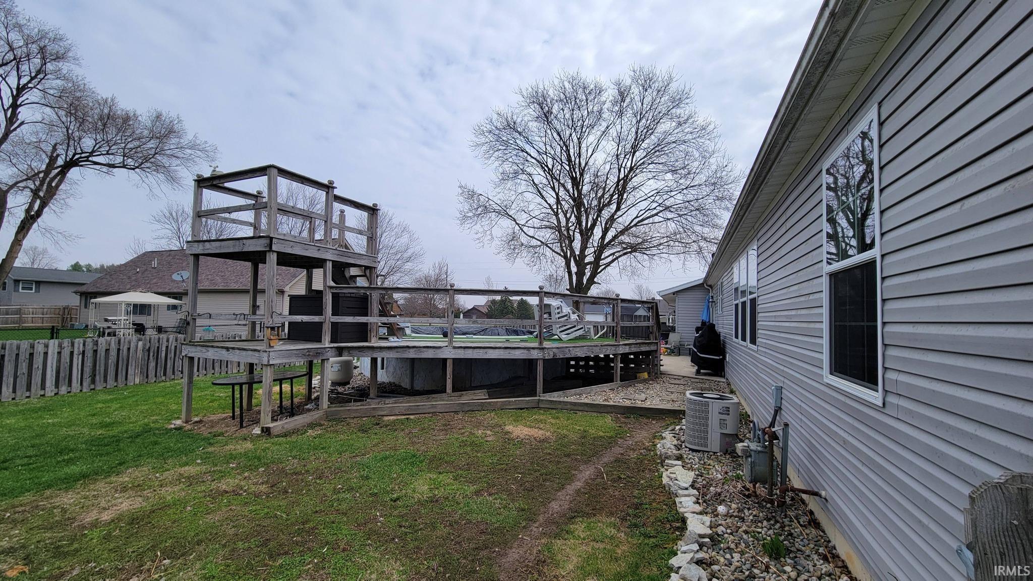 Fenced yard featuring a wooden deck