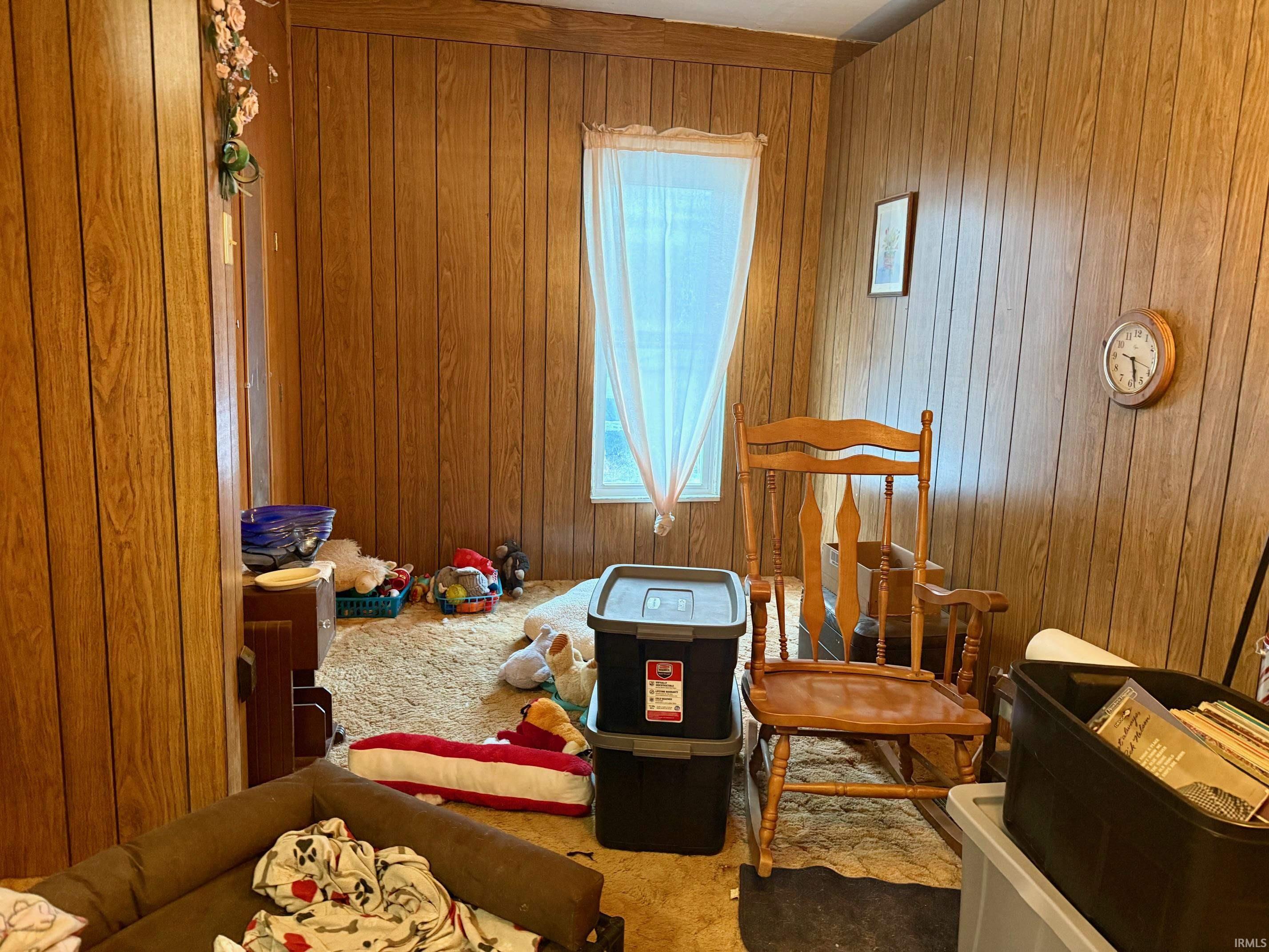 Recreation room with wood walls and carpet flooring