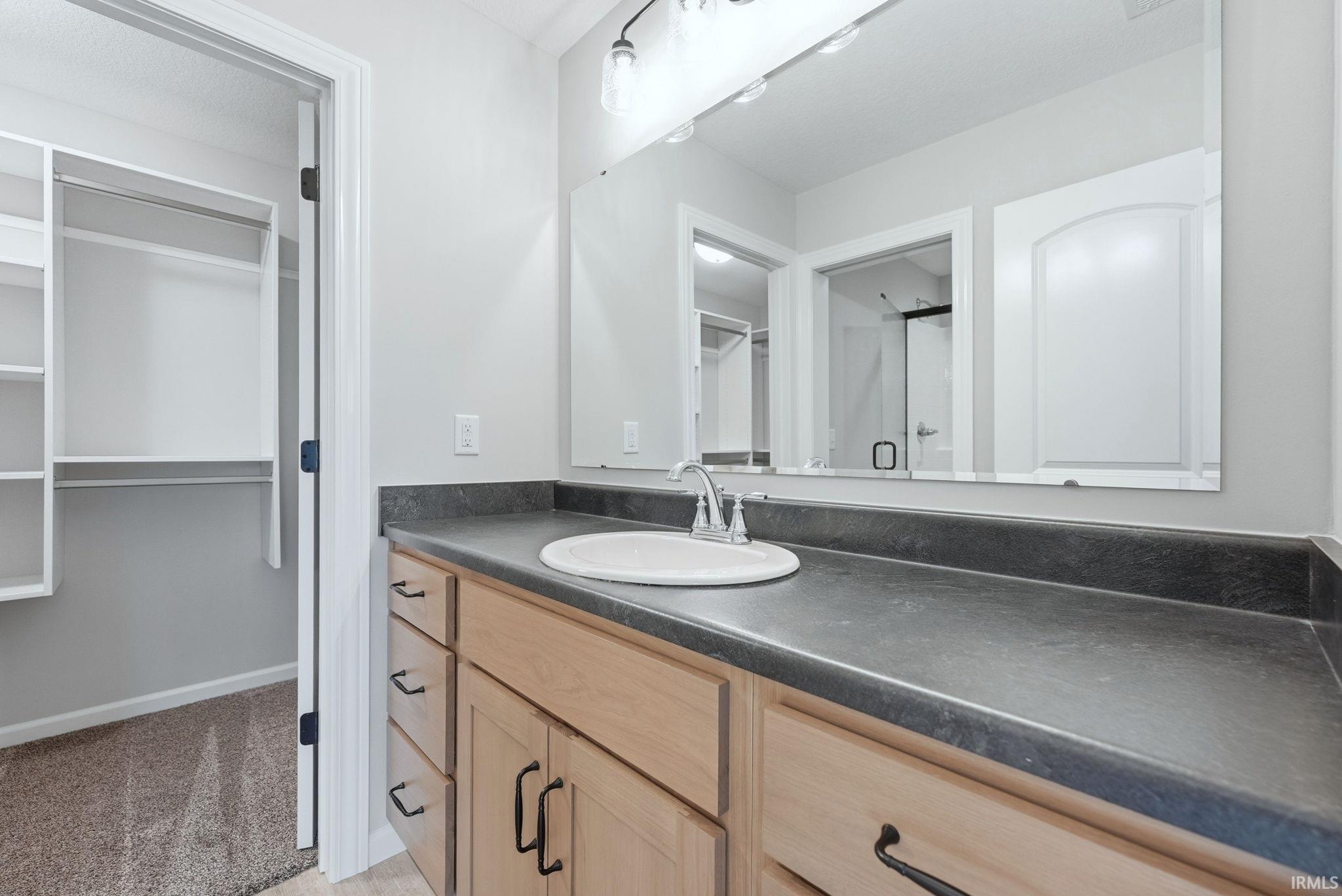 Bathroom featuring a spacious closet, vanity, and light colored carpet