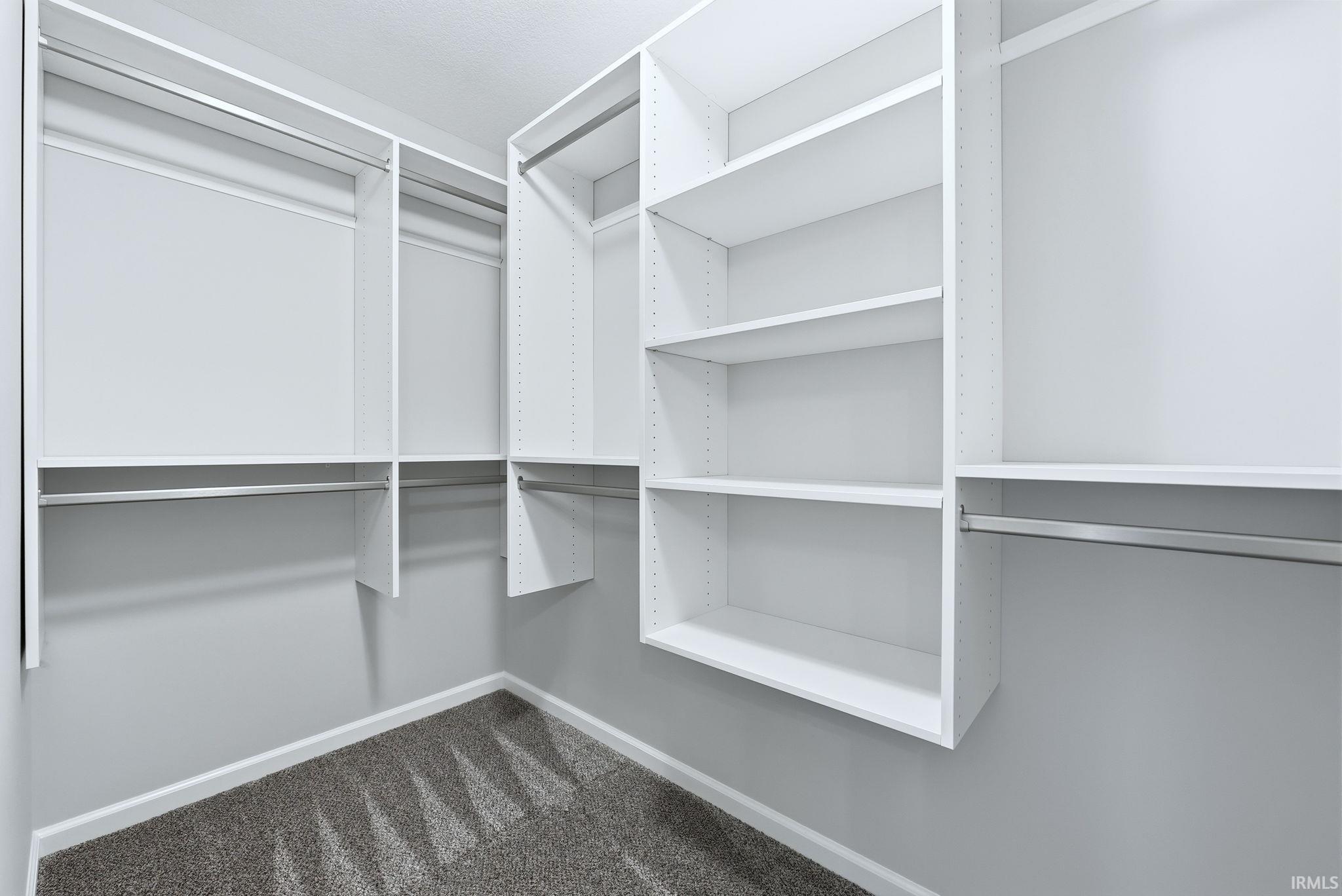 Walk in closet with dark carpet