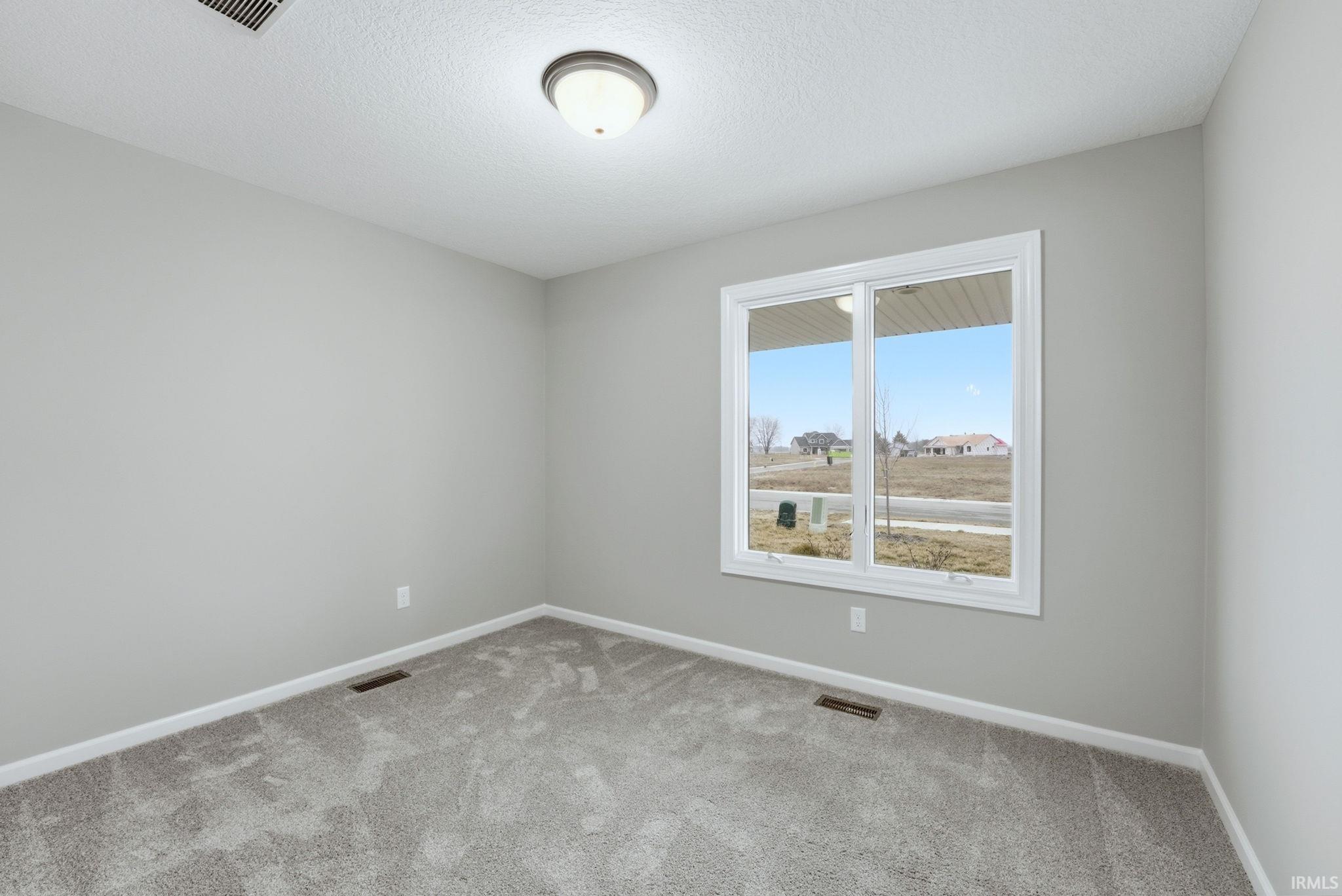 Unfurnished room featuring light carpet and a textured ceiling