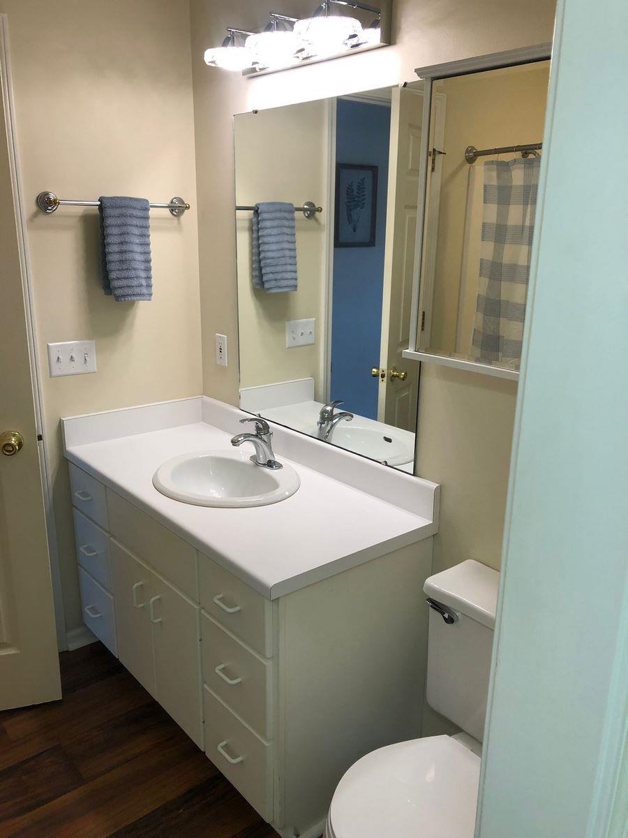 Bathroom with vanity, dark wood-style floors, and a shower with curtain