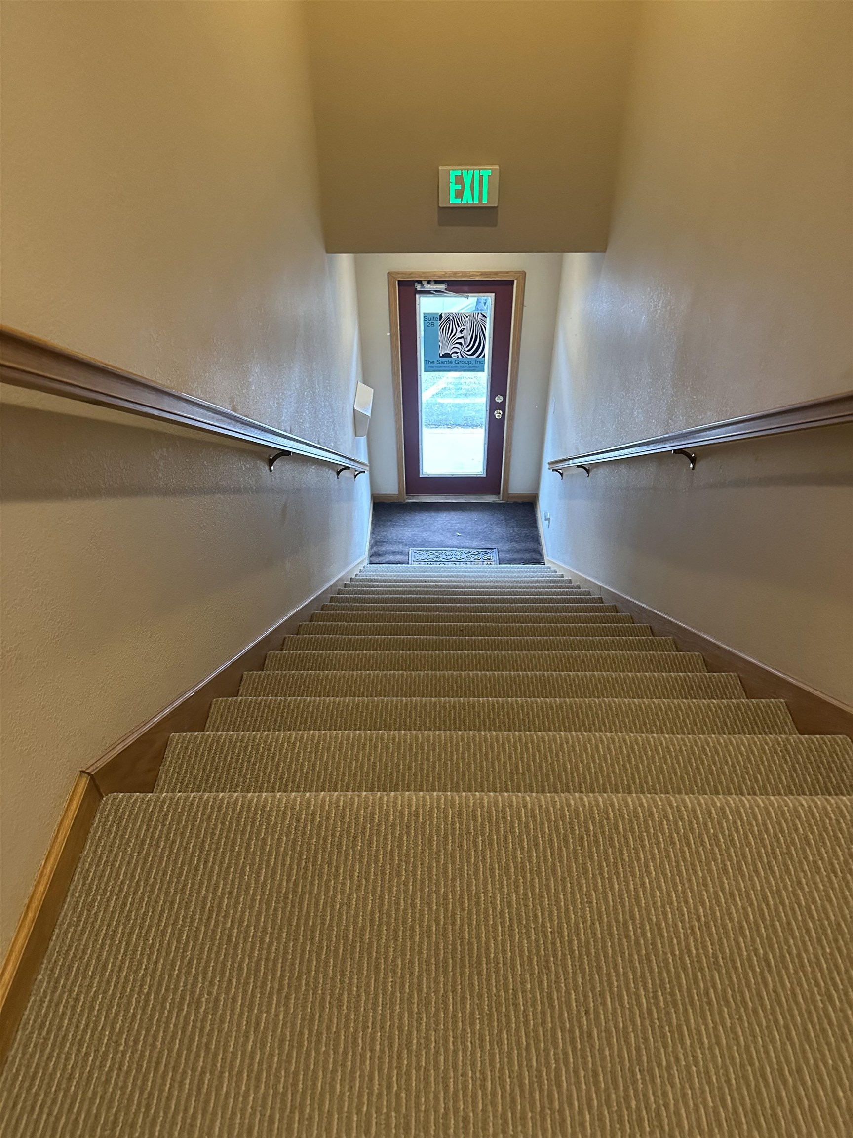 Stairs featuring a textured wall and carpet floors