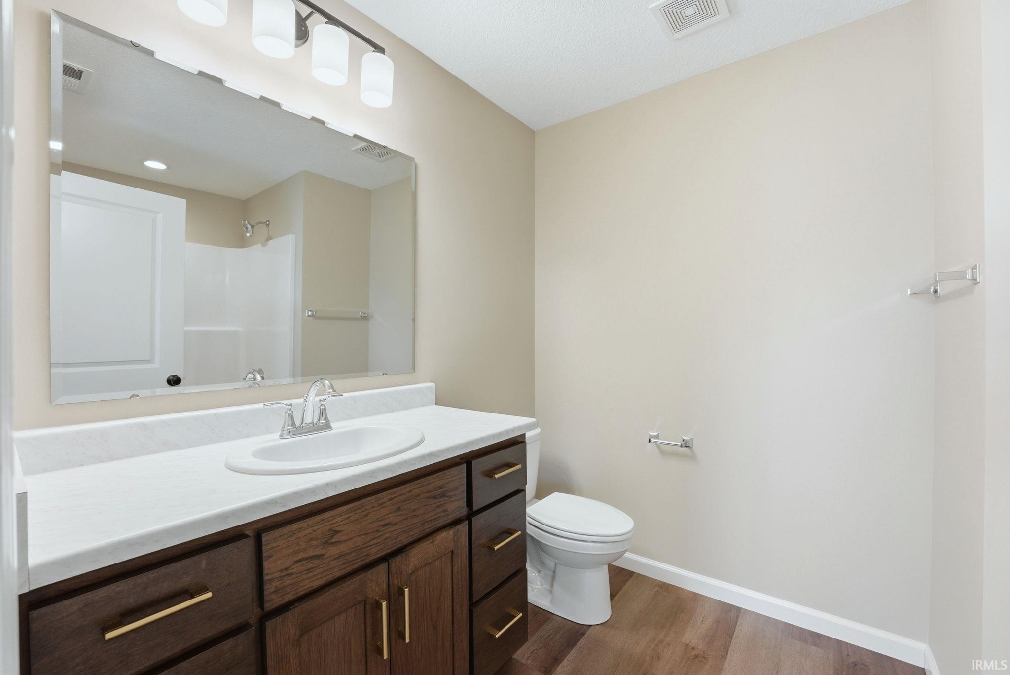Bathroom with vanity, dark wood-type flooring, and a shower