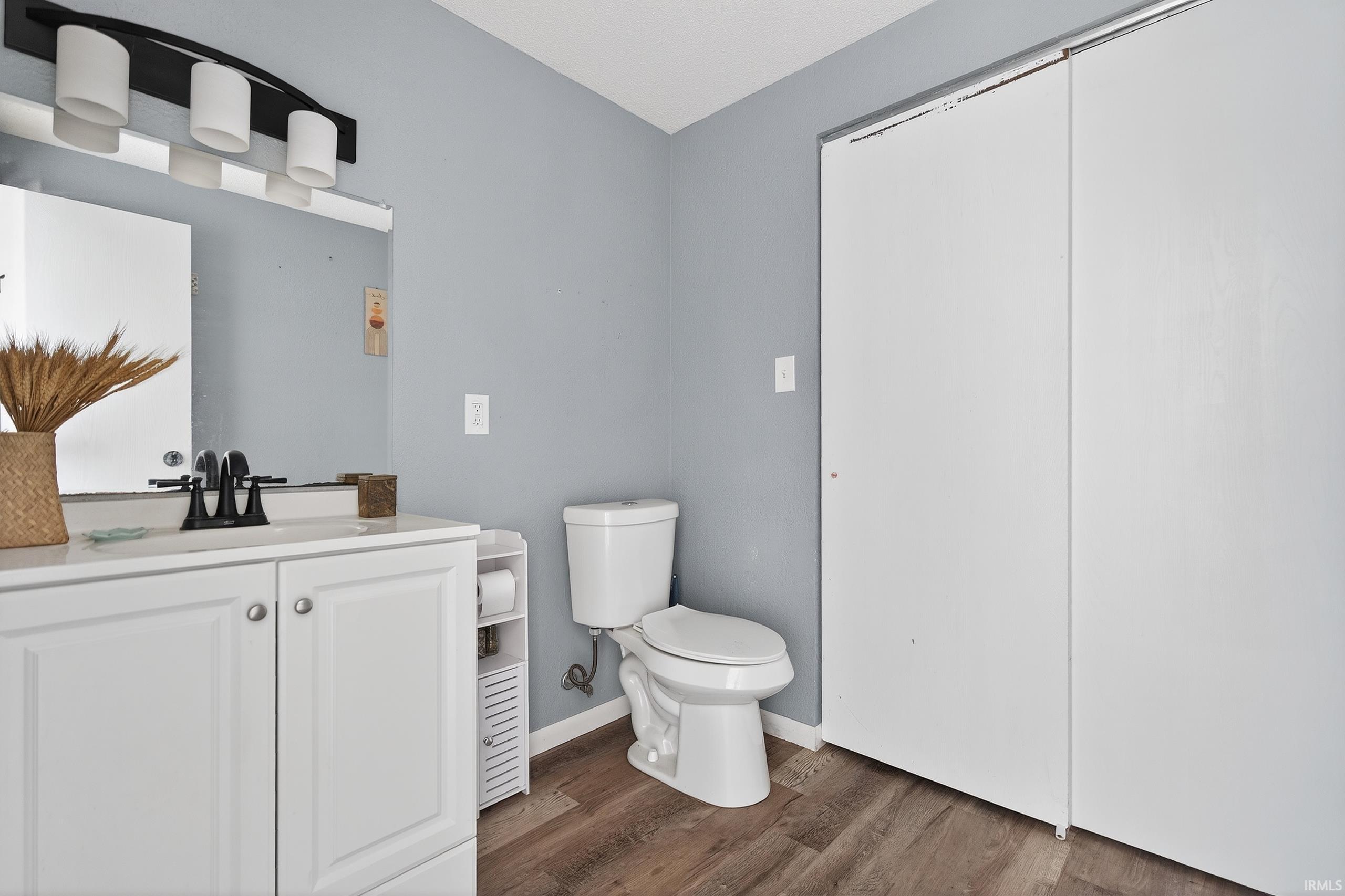 Bathroom featuring vanity and dark wood finished floors