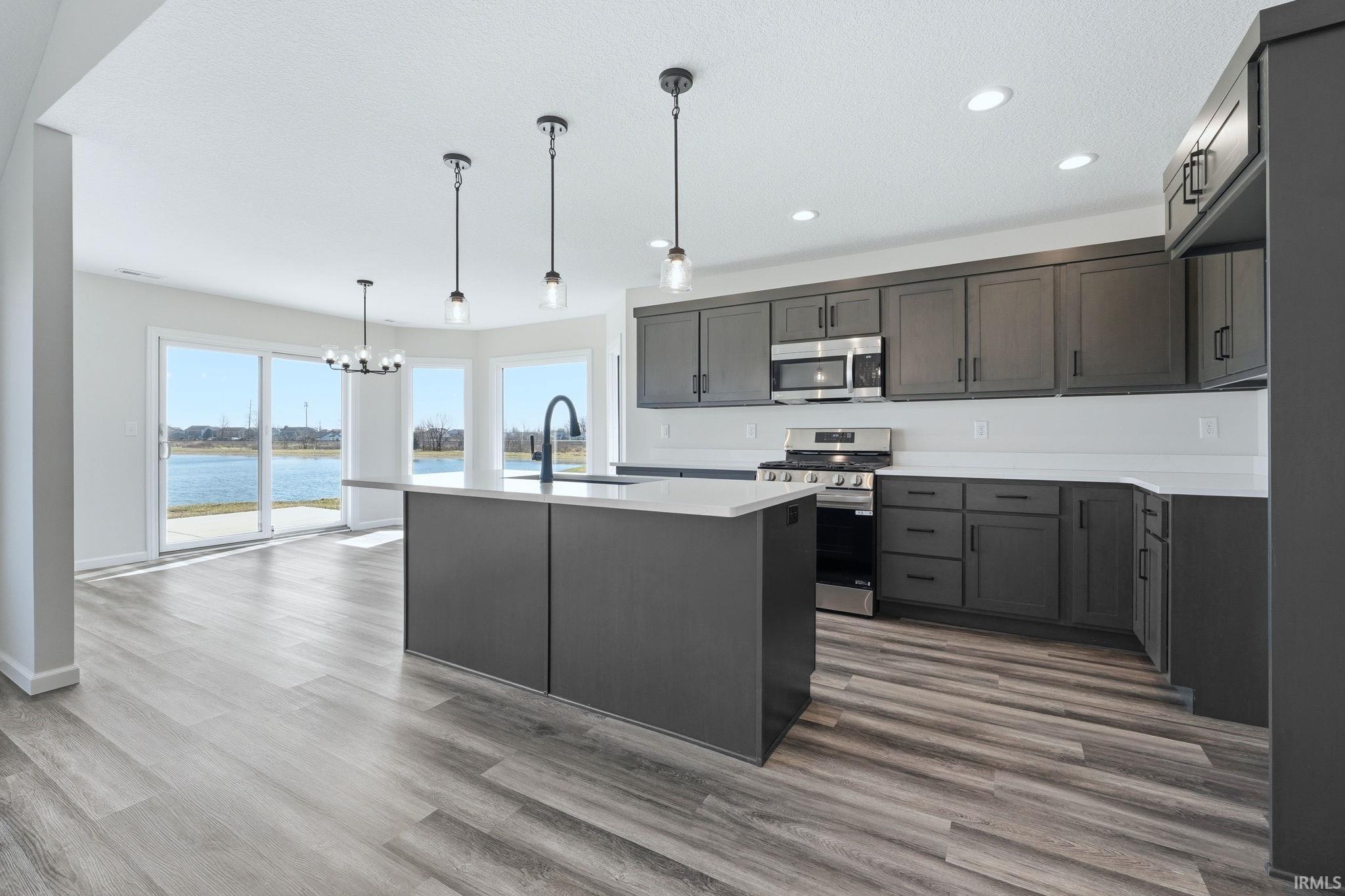 Kitchen featuring stainless steel appliances, a chandelier, a center island with sink, dark wood finished floors, and a water view