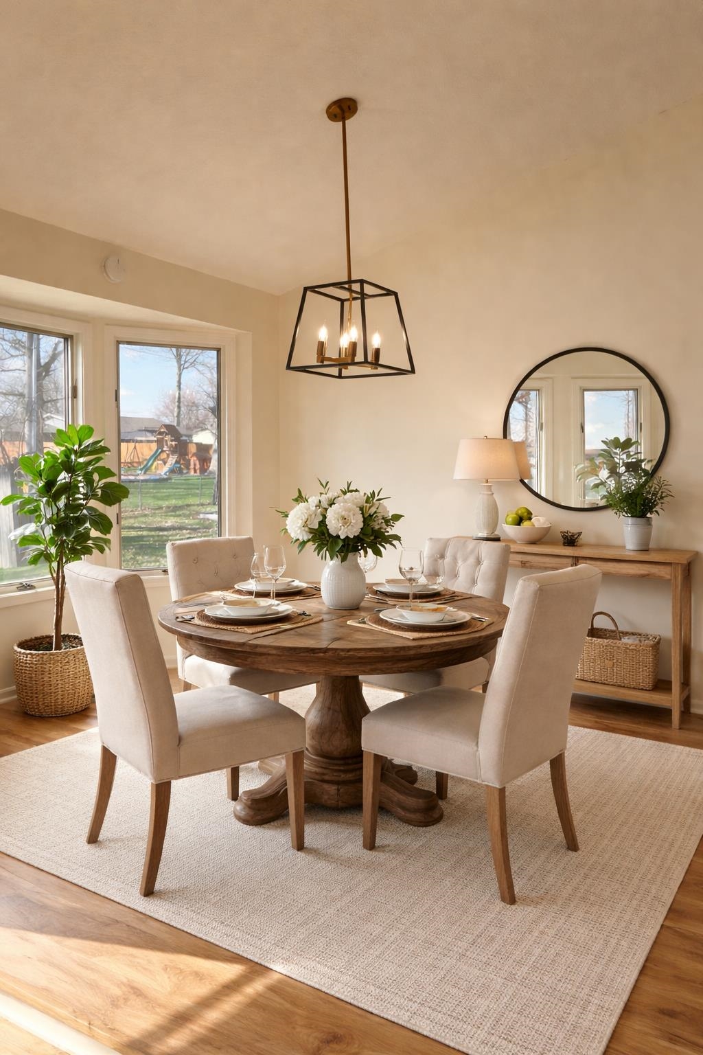 Dining room with light wood-style flooring, plenty of natural light, and a chandelier
