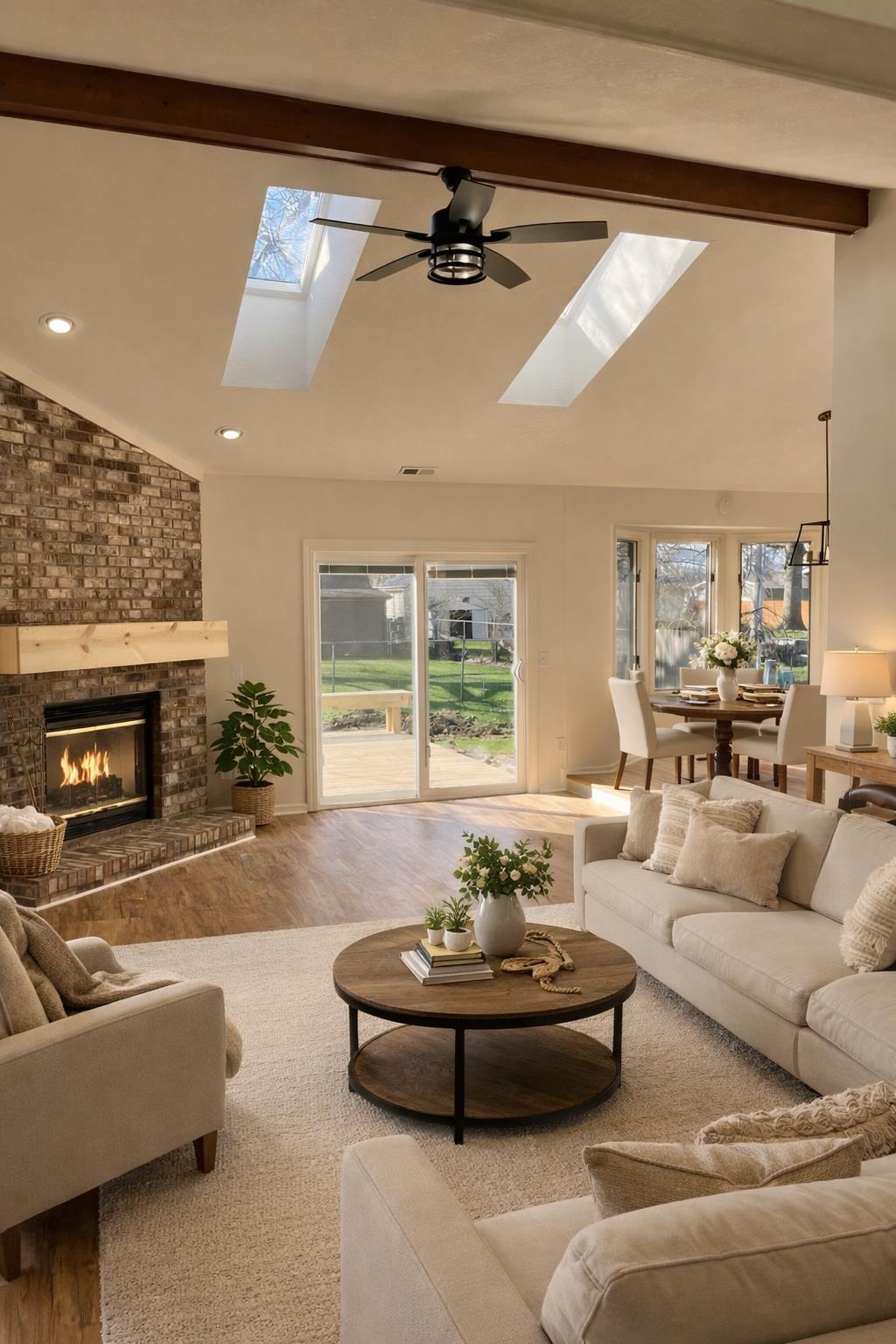 Living area with vaulted ceiling, ceiling fan, a skylight, wood finished floors, and a fireplace