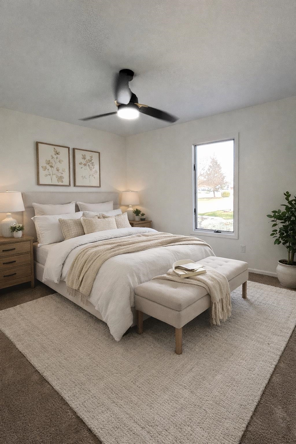 Bedroom with a ceiling fan, a textured ceiling, and carpet