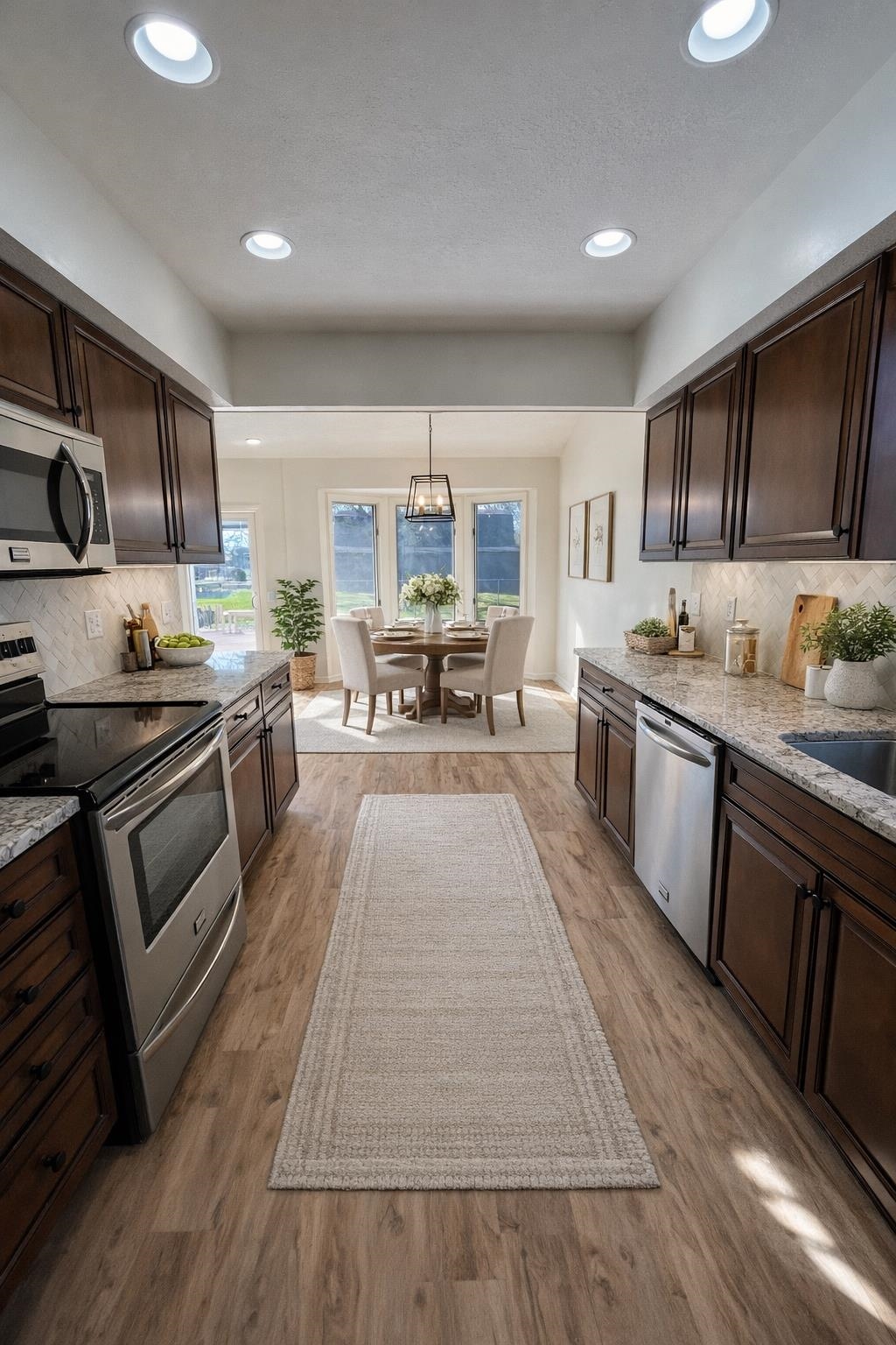 Kitchen with backsplash, dark wood finish cabinets, stainless steel appliances, and light stone countertops