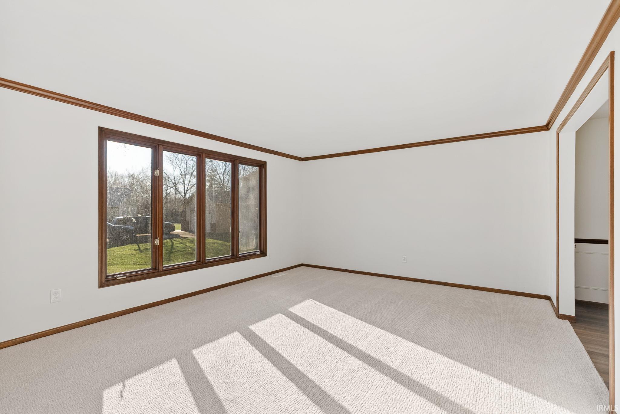 Spare room featuring light carpet and crown molding
