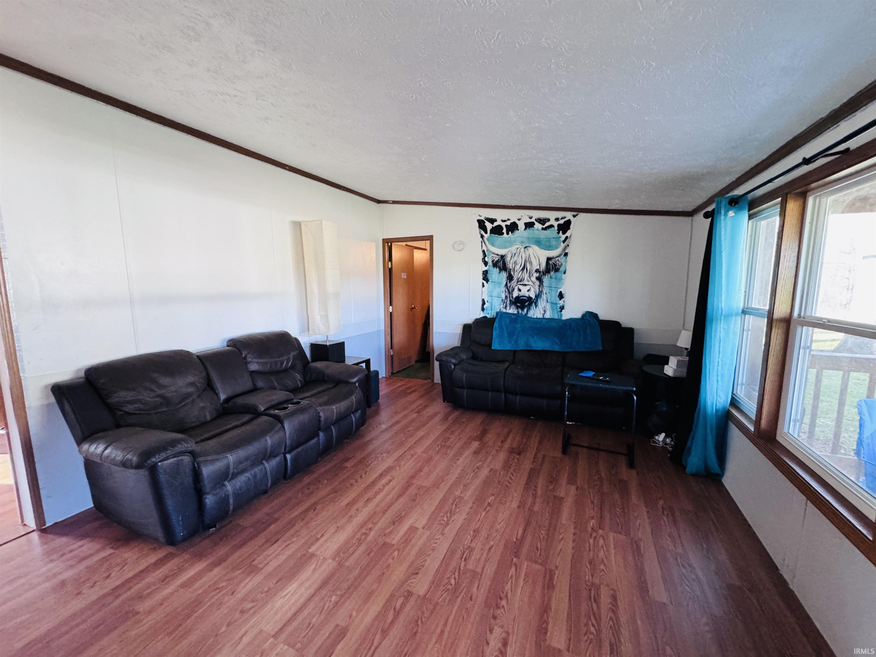 Living area featuring ornamental molding, wood finished floors, and a textured ceiling