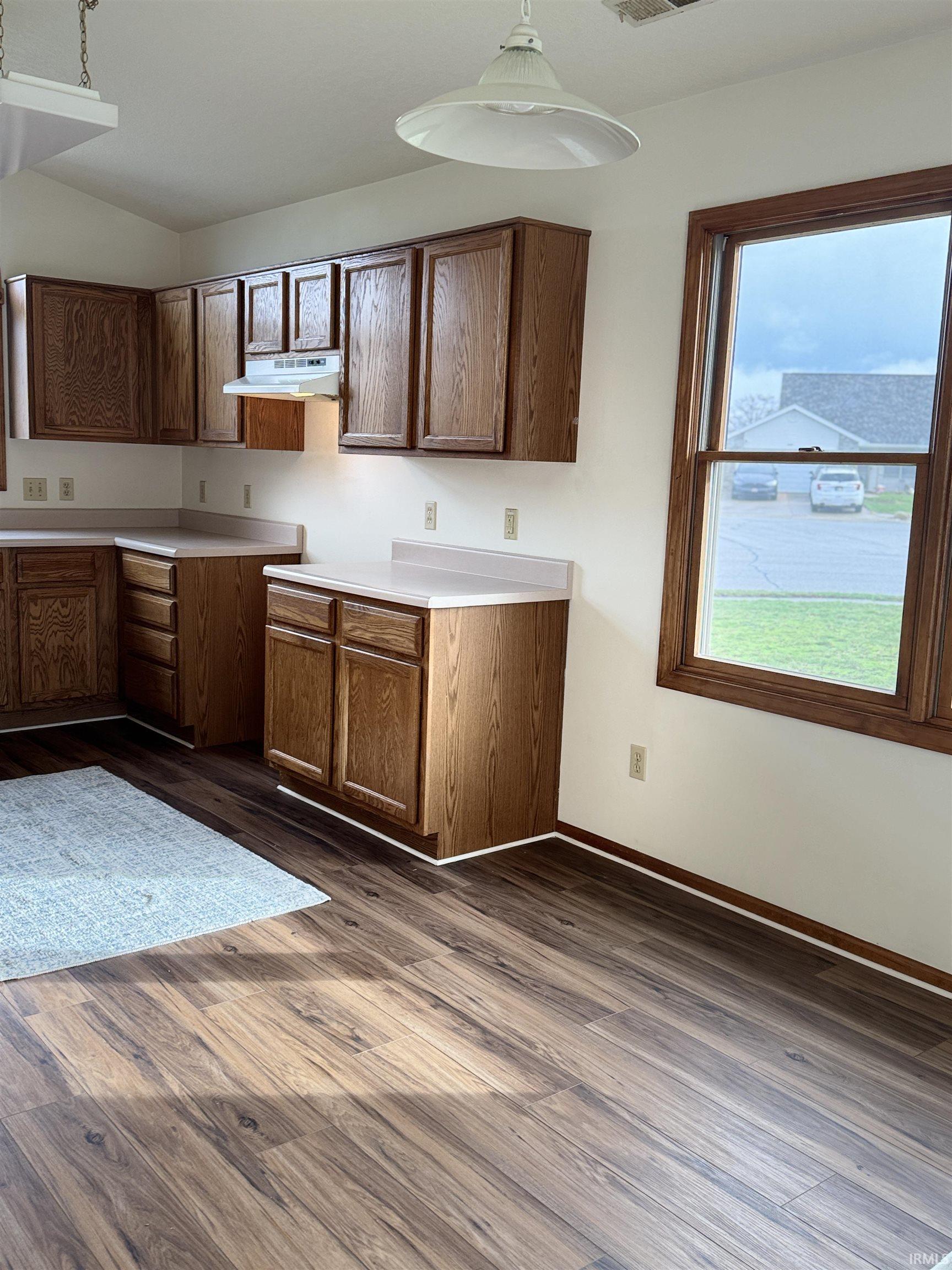 Kitchen with light countertops, dark wood-style flooring, pendant lighting, and wood finish cabinetry