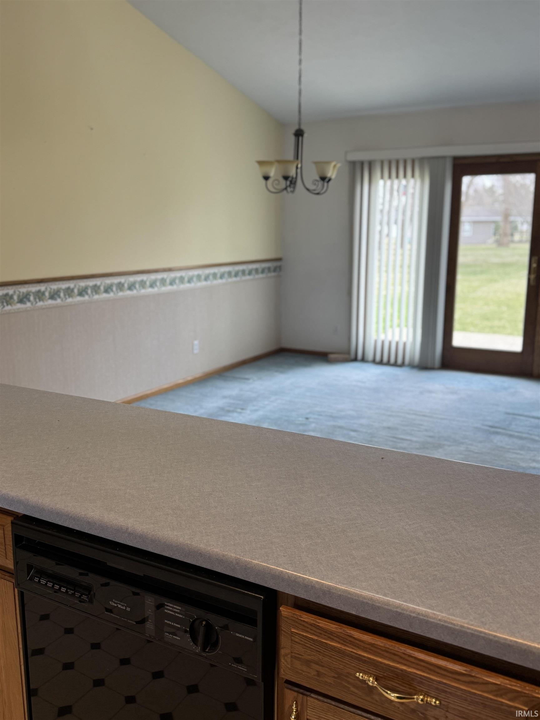 Detailed view of black dishwasher, suspended lighting, and carpet