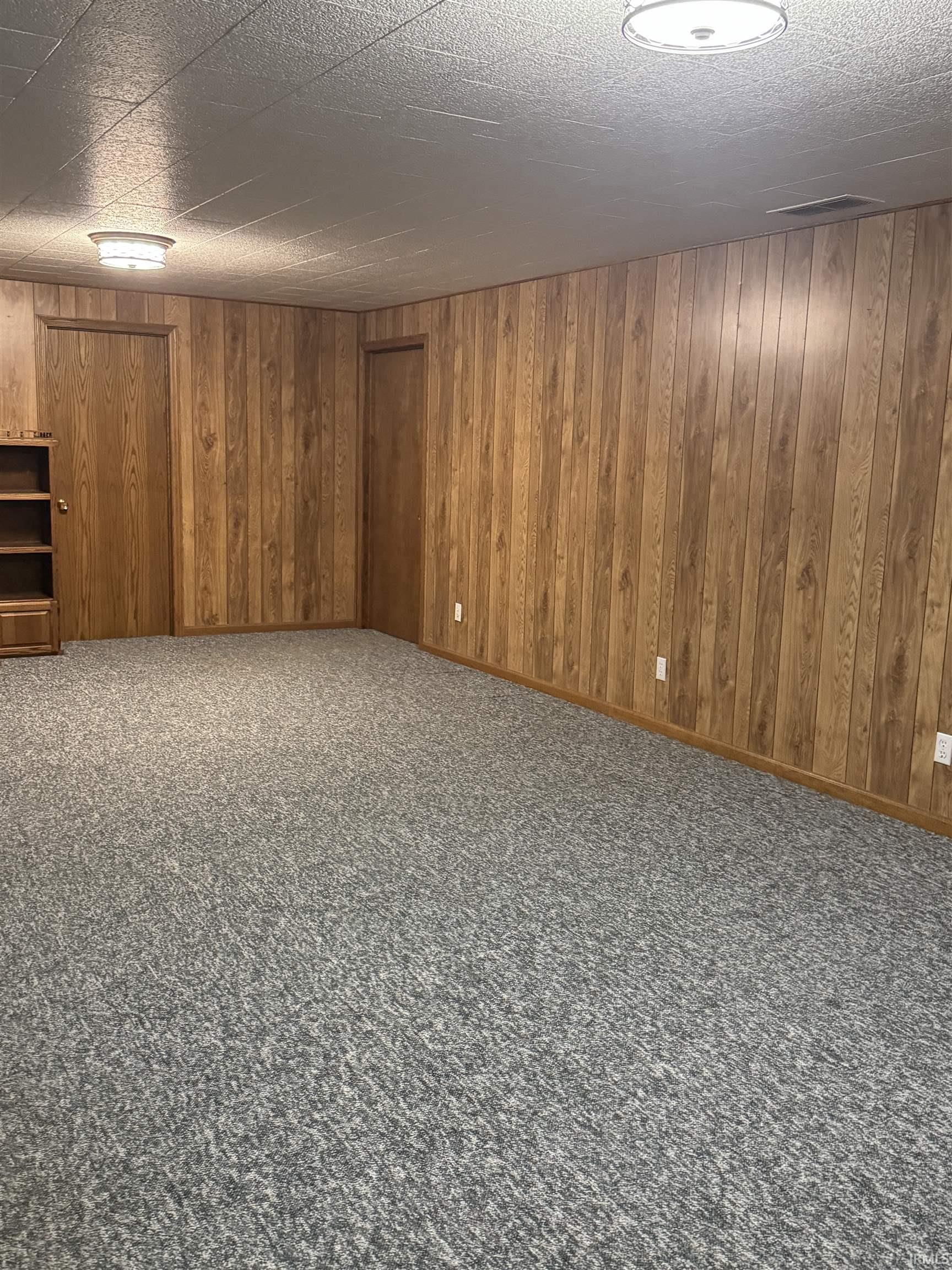 Finished below grade area with wood walls and carpet