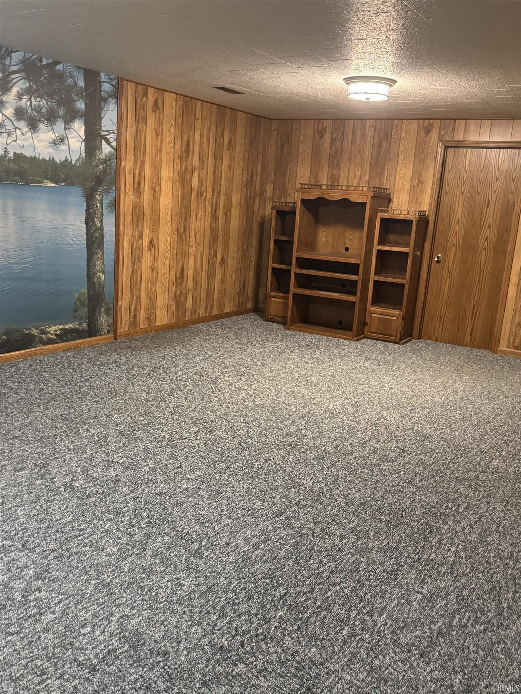 Finished below grade area featuring carpet and wood walls