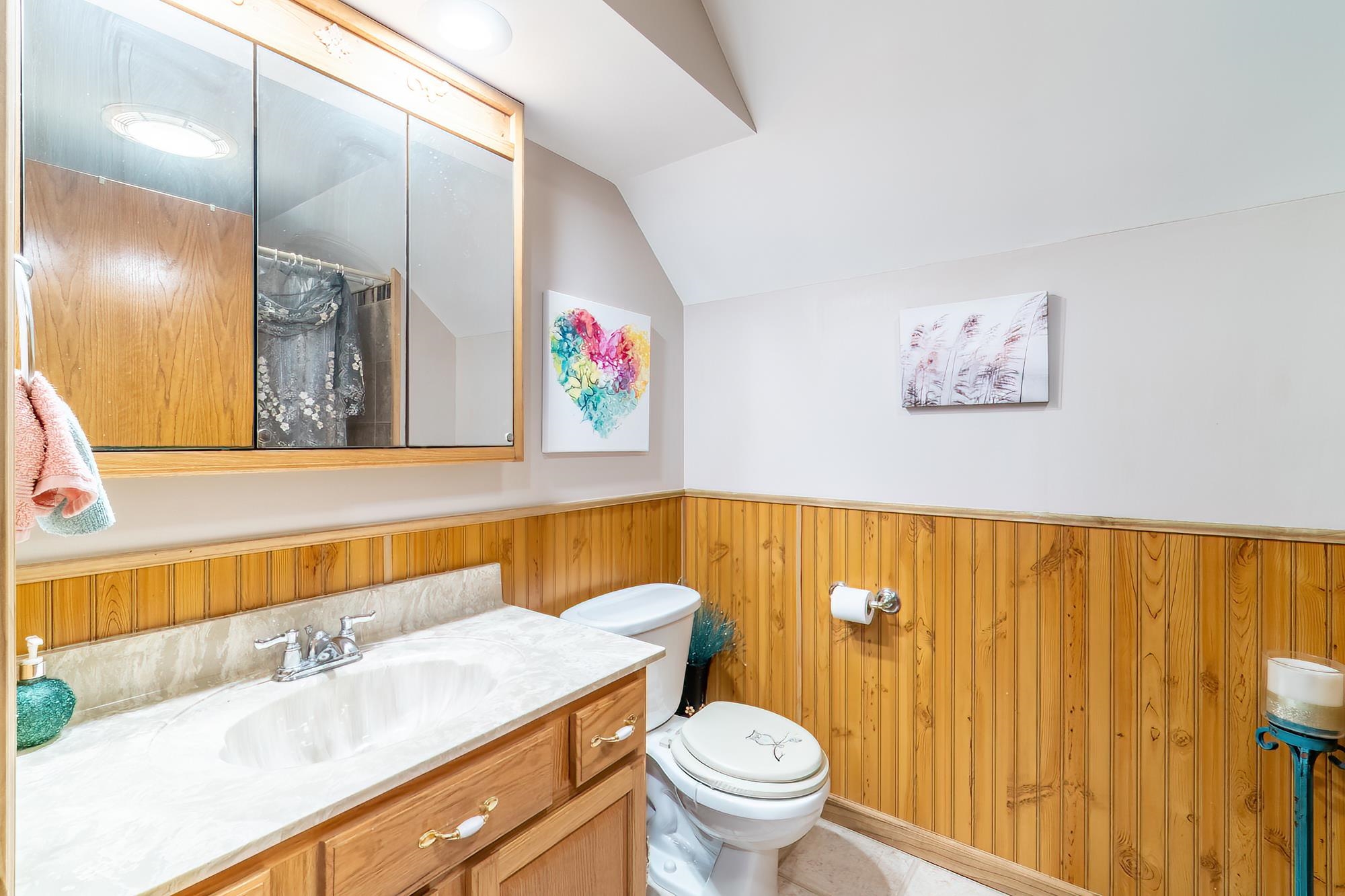 Full bath featuring vanity, a wainscoted wall, wood walls, vaulted ceiling, and curtained shower